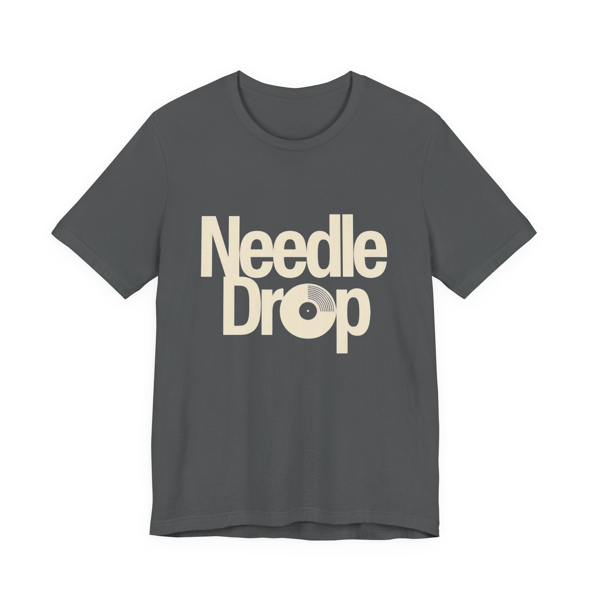Gray t-shirt with 'Needle Drop' text on a white background
