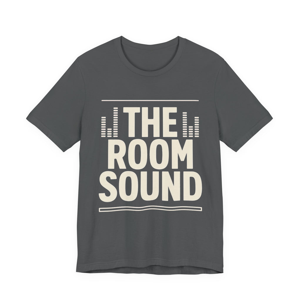 Gray t-shirt with 'The Room Sound' text on a white background