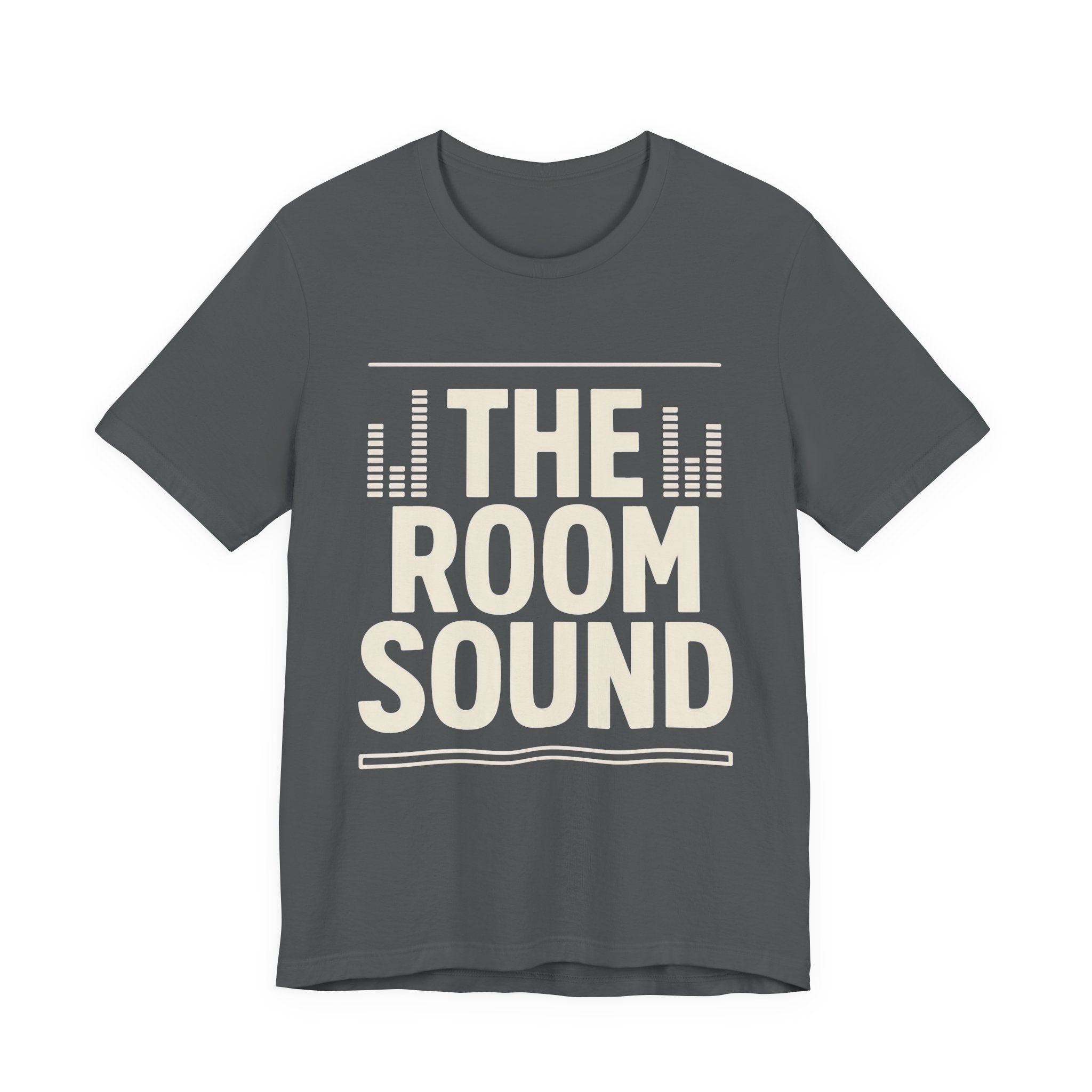 Gray t-shirt with 'The Room Sound' text on a white background
