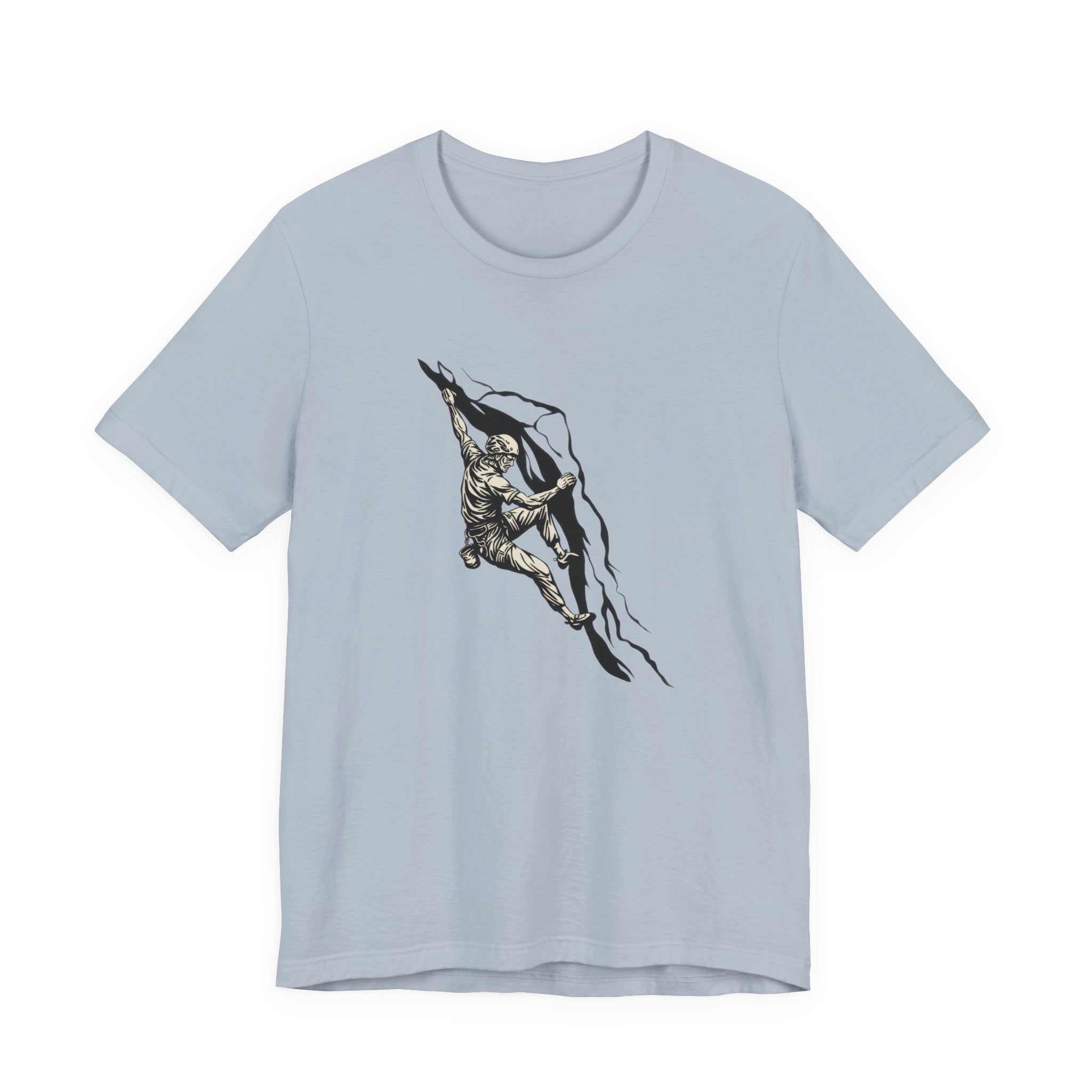 Light blue t-shirt with black climbing graphic design on a white background