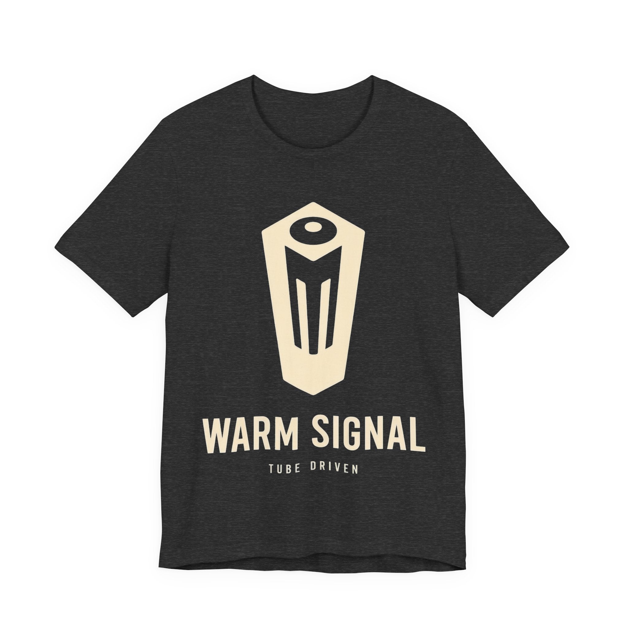 Dark gray t-shirt with beige logo and text on a white background