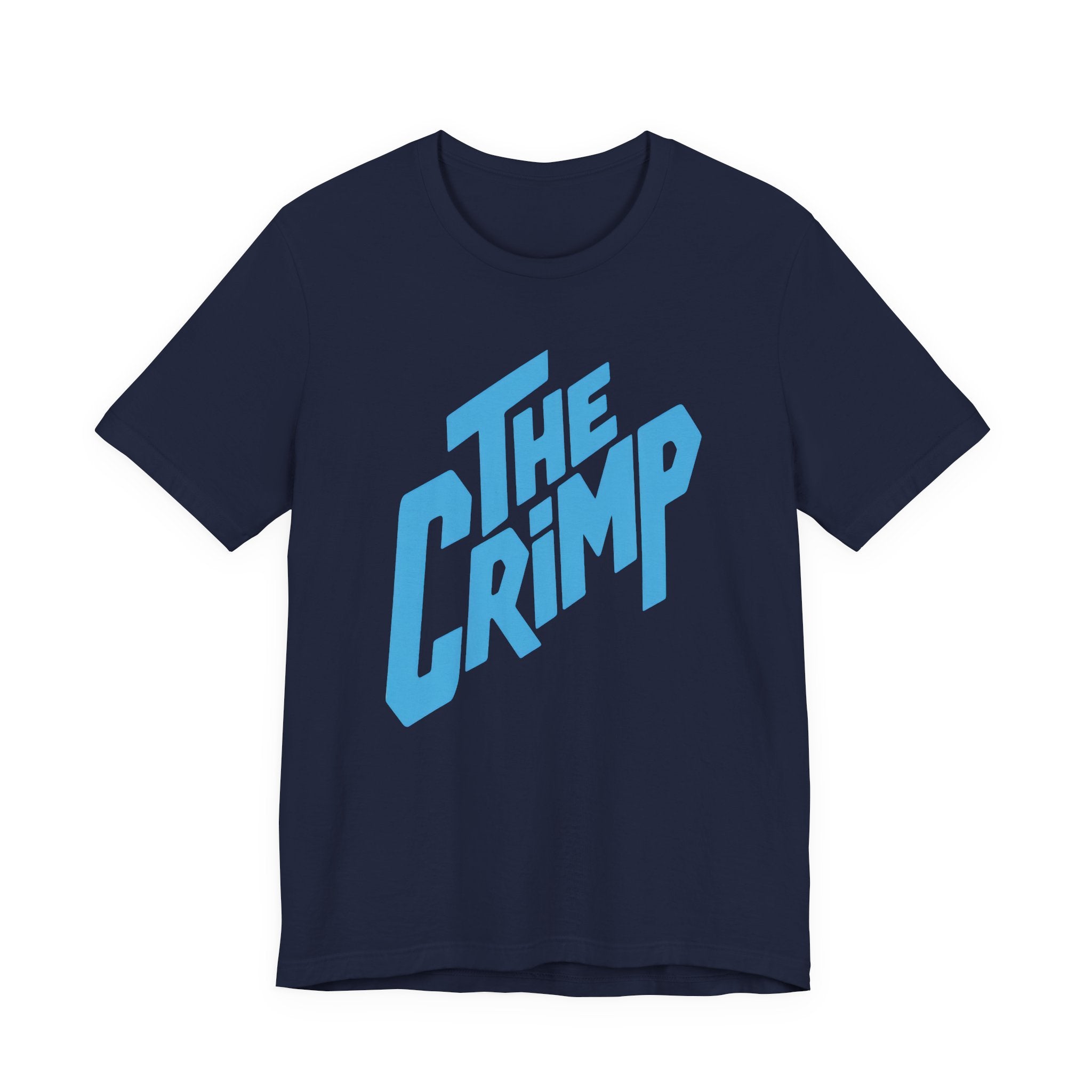 Navy t-shirt with 'The Crimp' text in blue on a white background