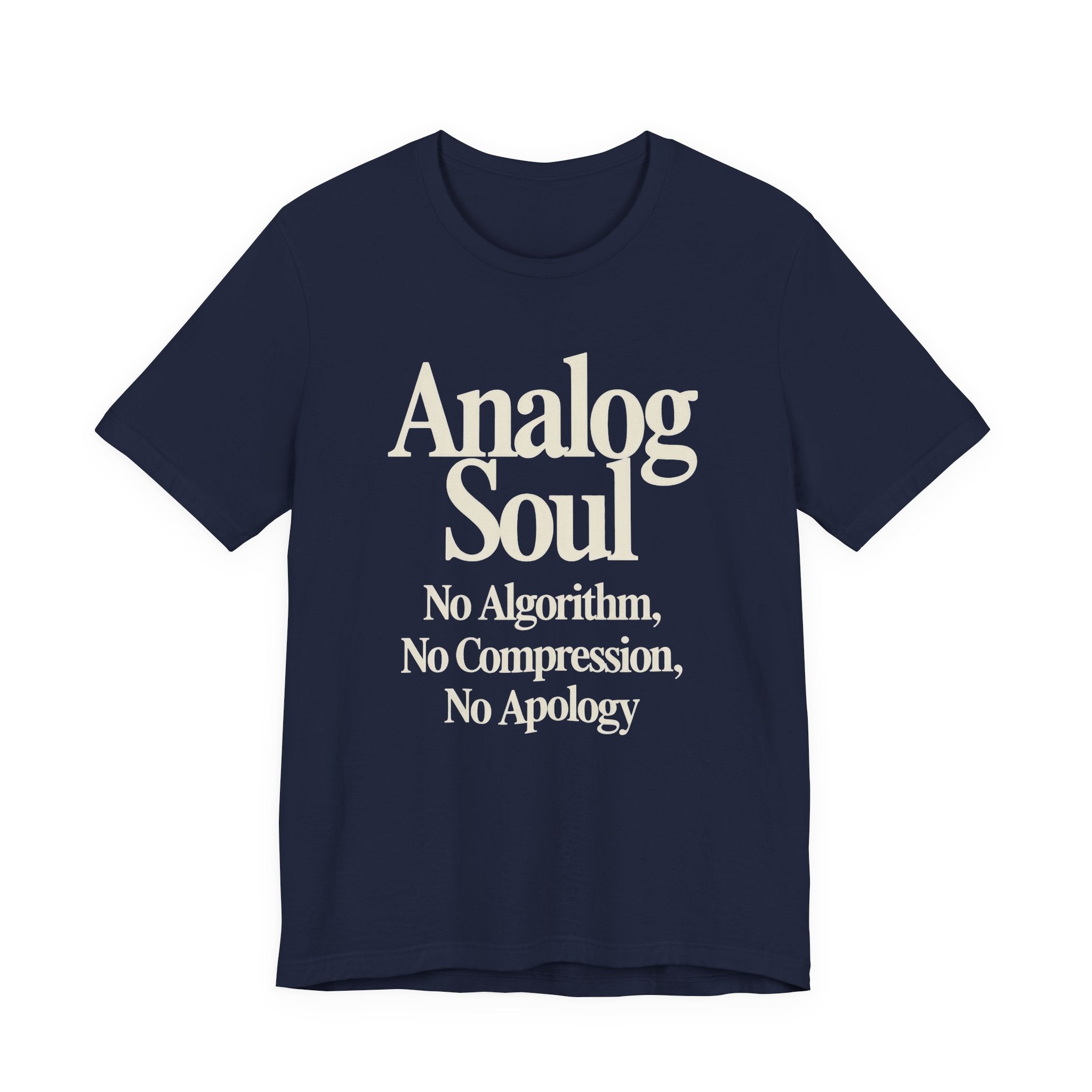 Navy t-shirt with text 'Analog Soul' on a white background