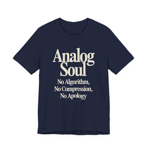 Navy t-shirt with text 'Analog Soul' on a white background