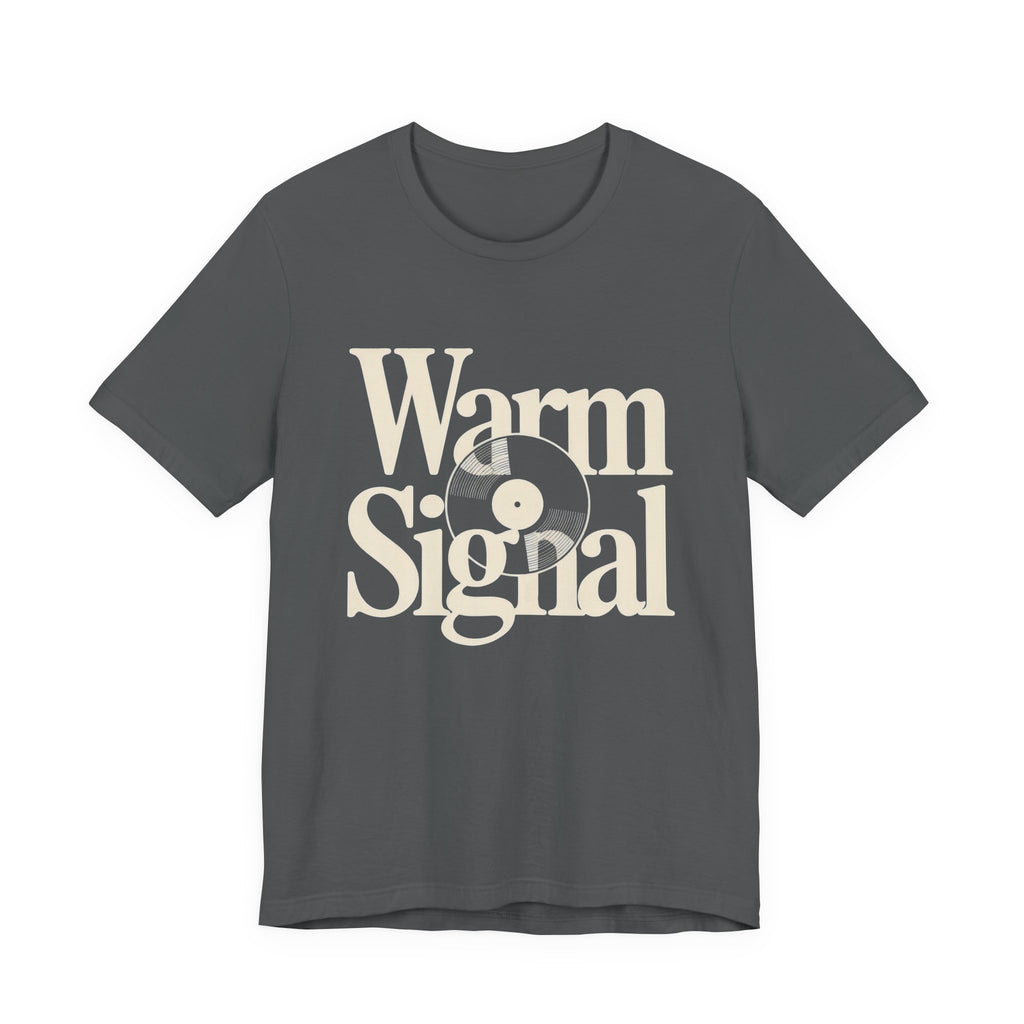 Gray t-shirt with 'Warm Signal' text and vinyl record graphic on a white background