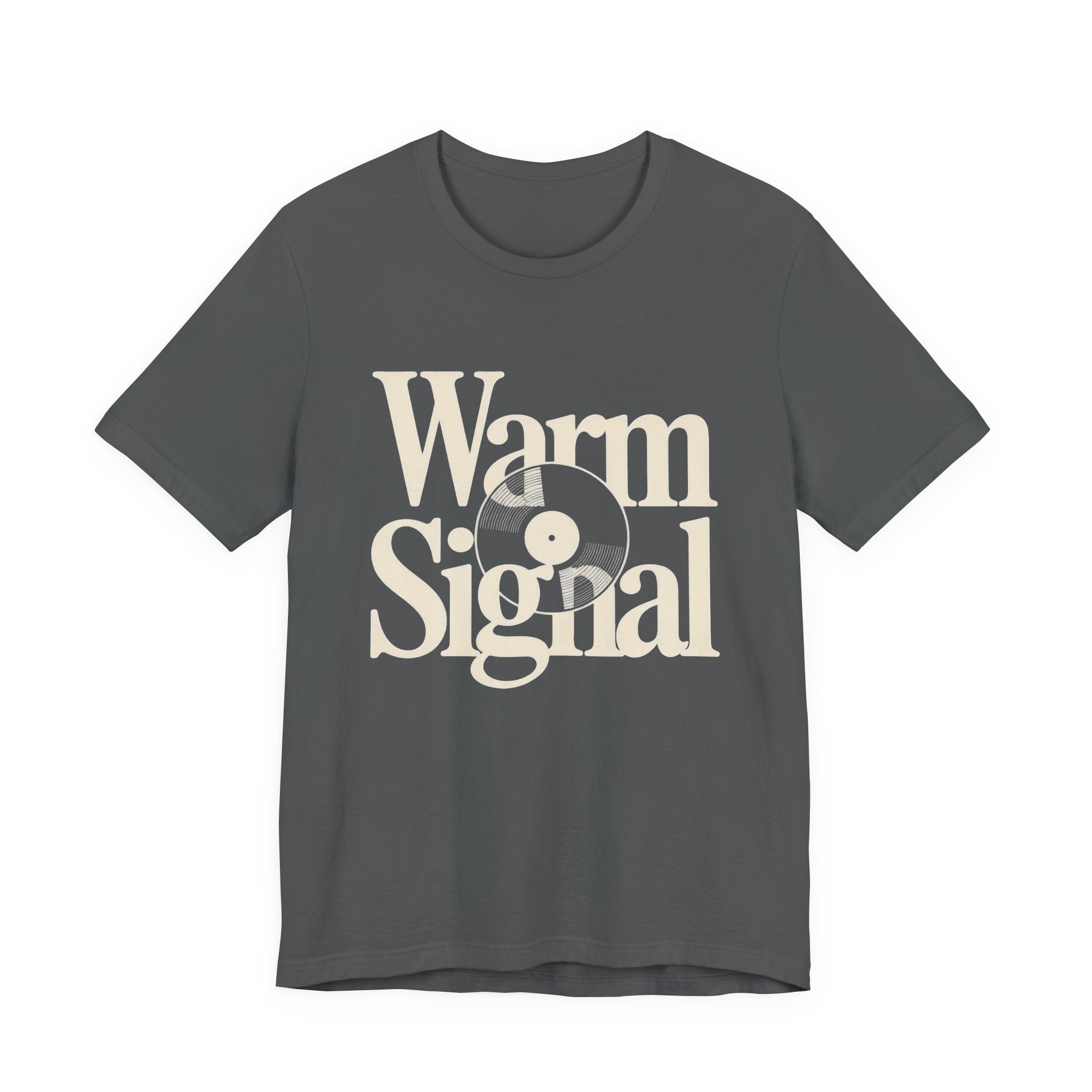Gray t-shirt with 'Warm Signal' text and vinyl record graphic on a white background