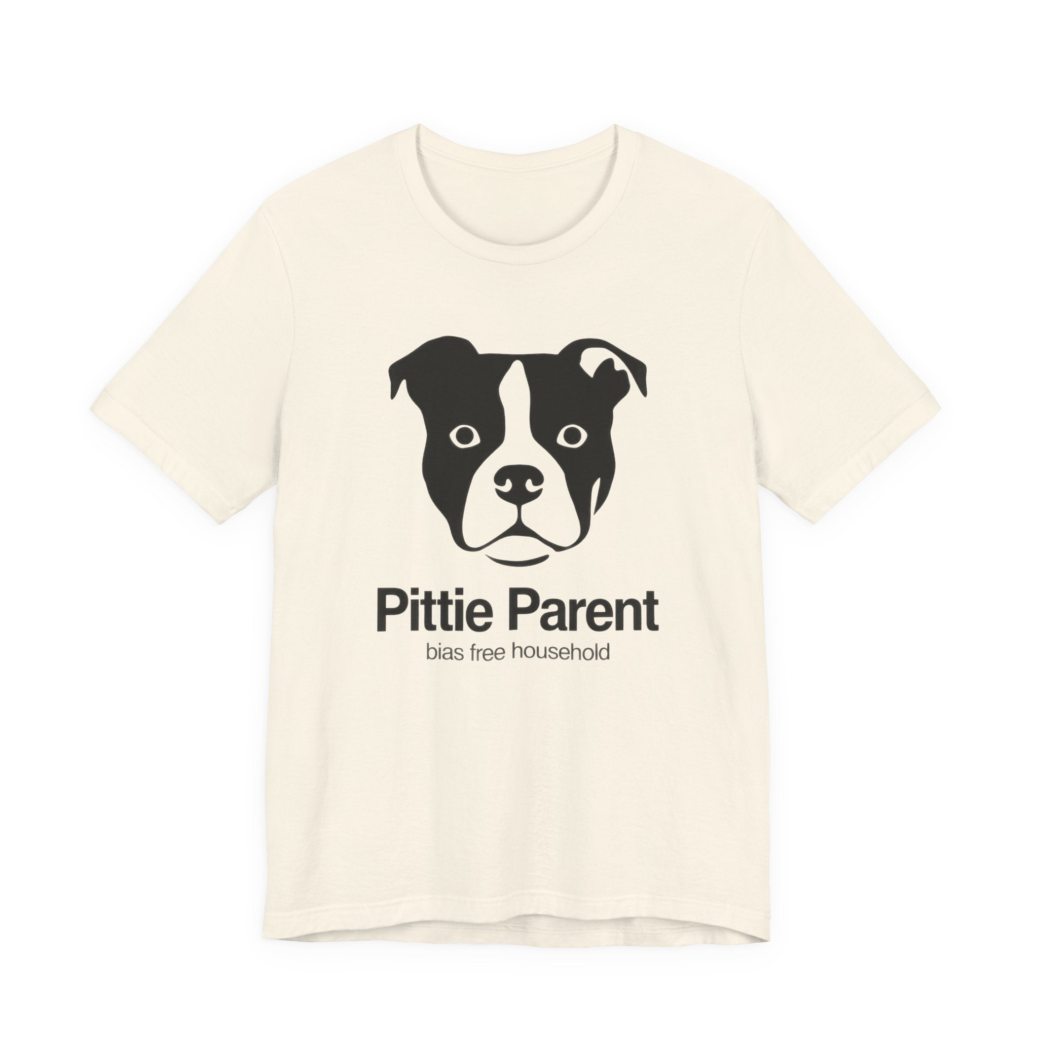 Beige t-shirt with a black dog illustration and text 'Pittie Parent bias free household' text on a white background
