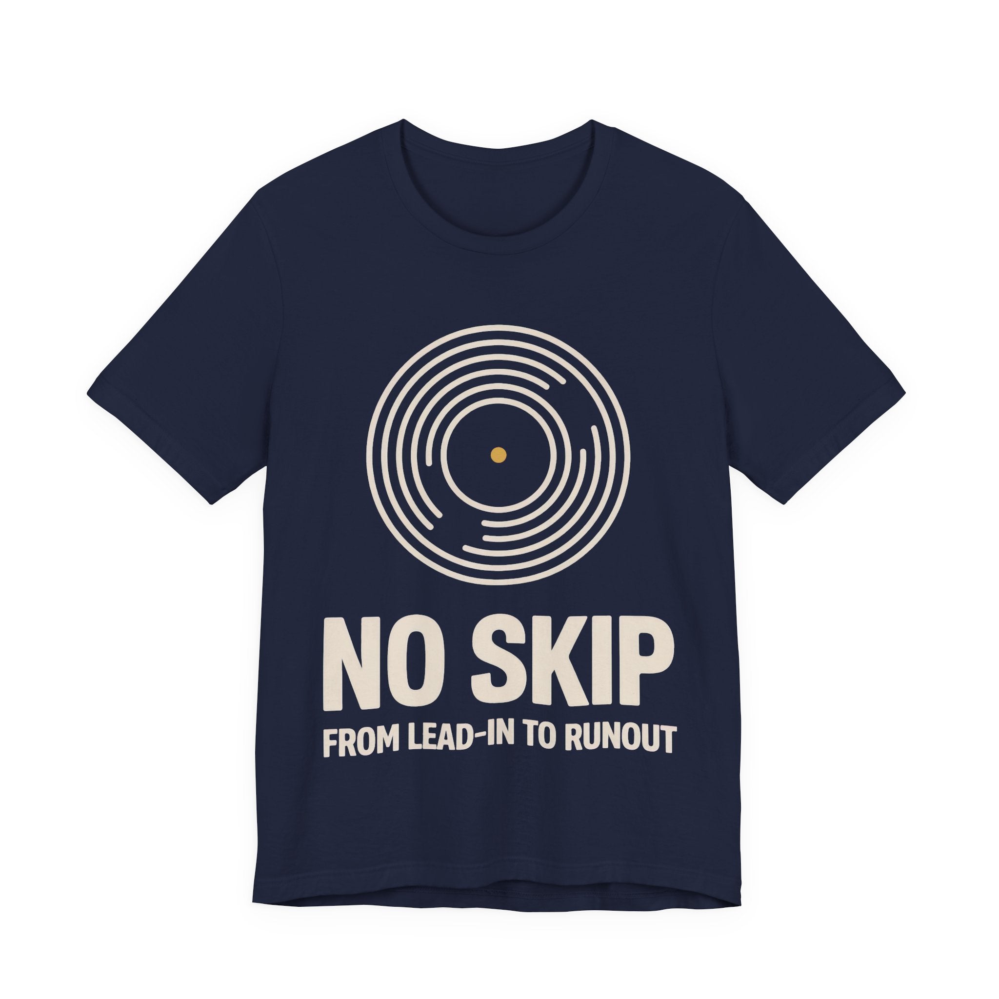 Navy t-shirt with white graphic and text 'NO SKIP' on a white background