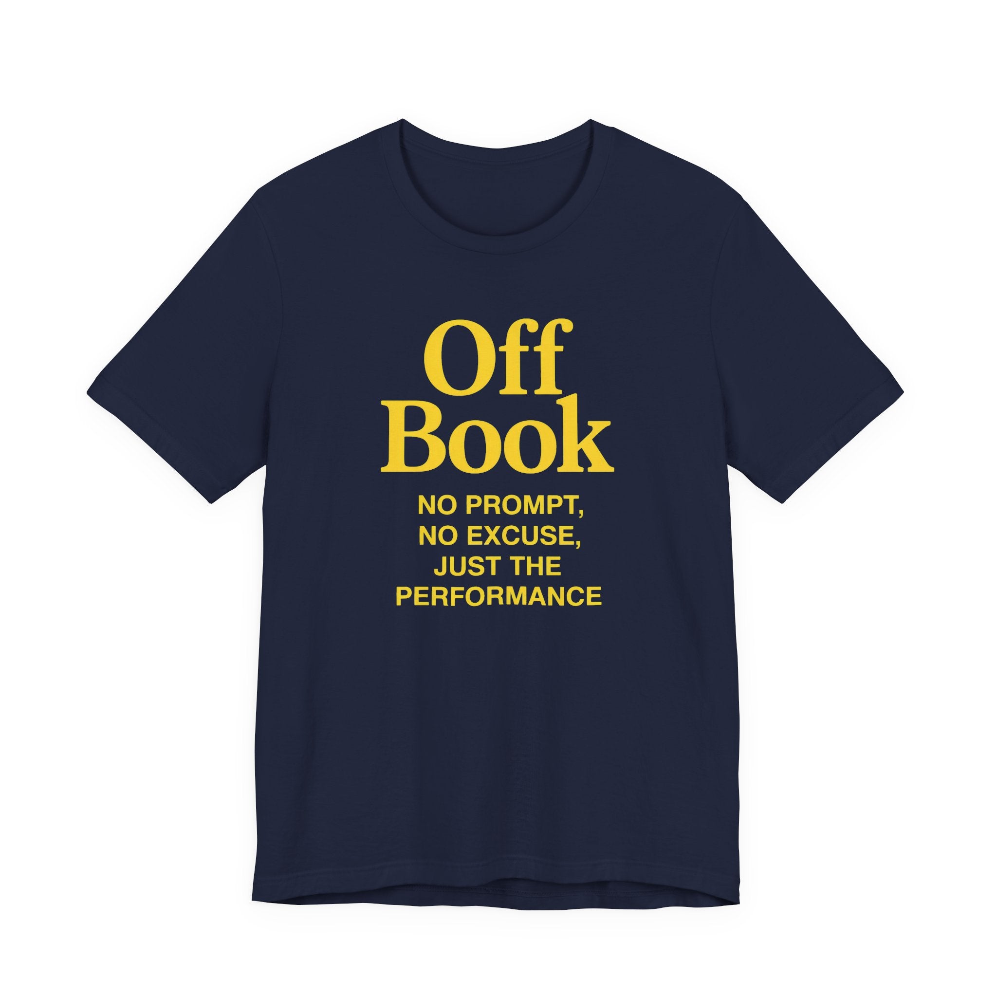 Navy blue t-shirt with yellow text 'Off Book' on a white background
