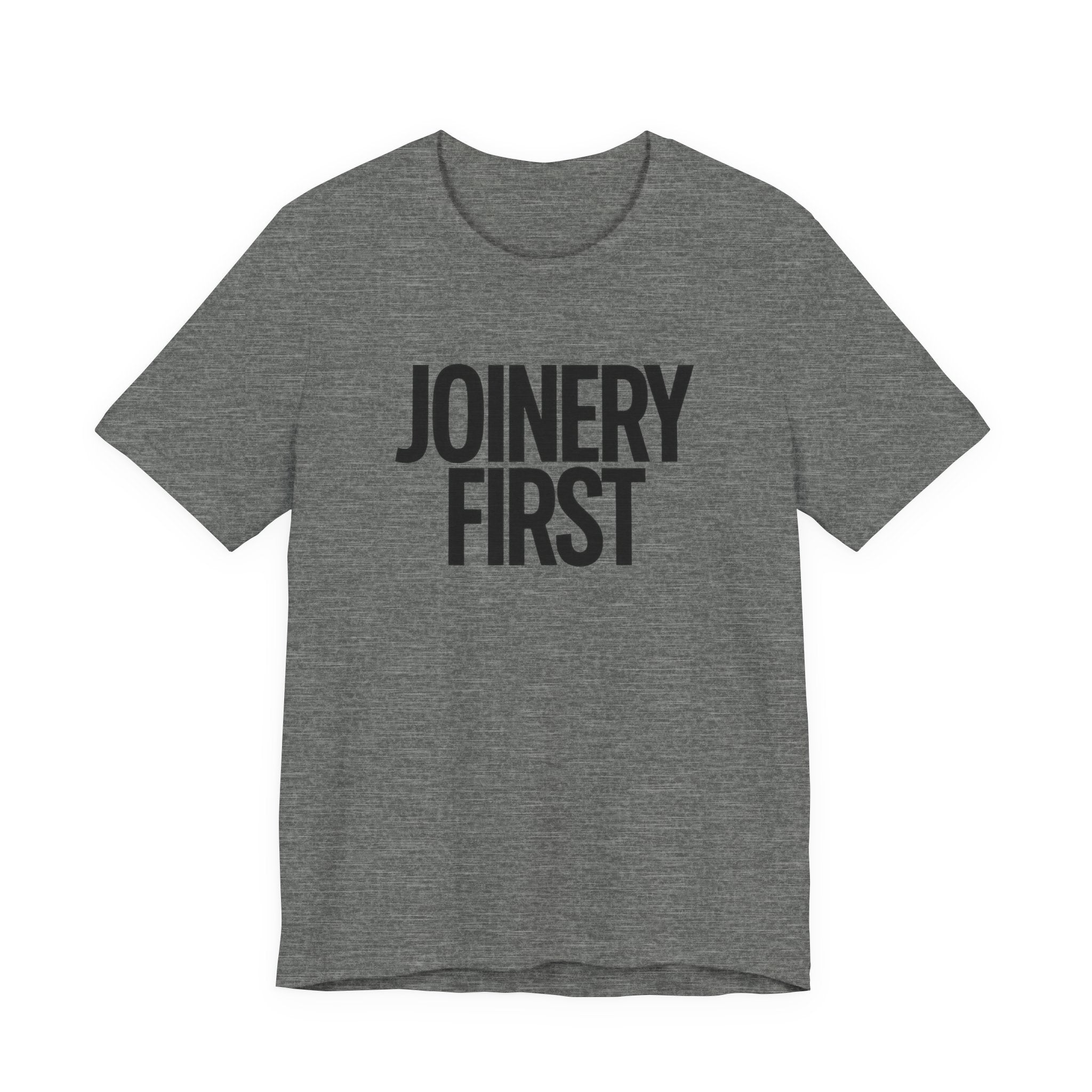 Gray t-shirt with 'JOINERY FIRST' text on a white background
