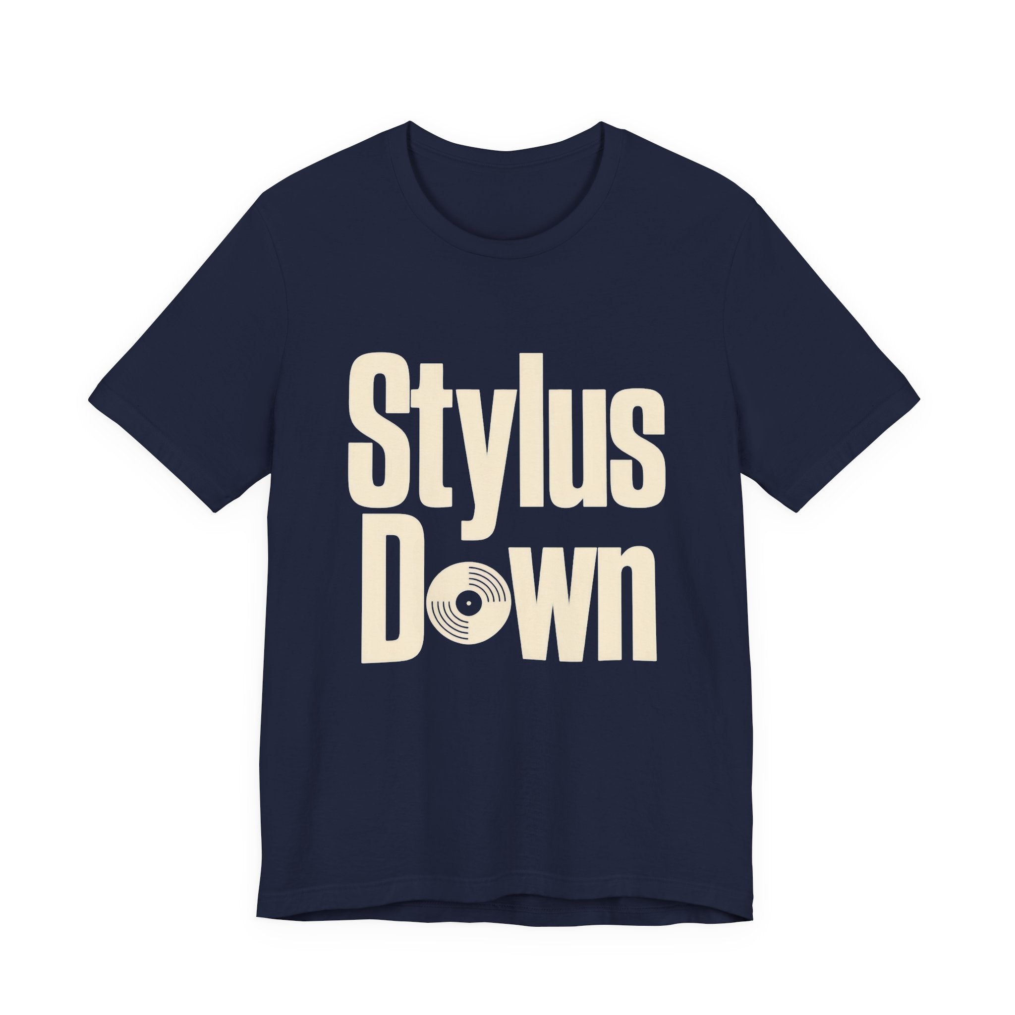 Navy blue t-shirt with 'Stylus Down' text on a white background