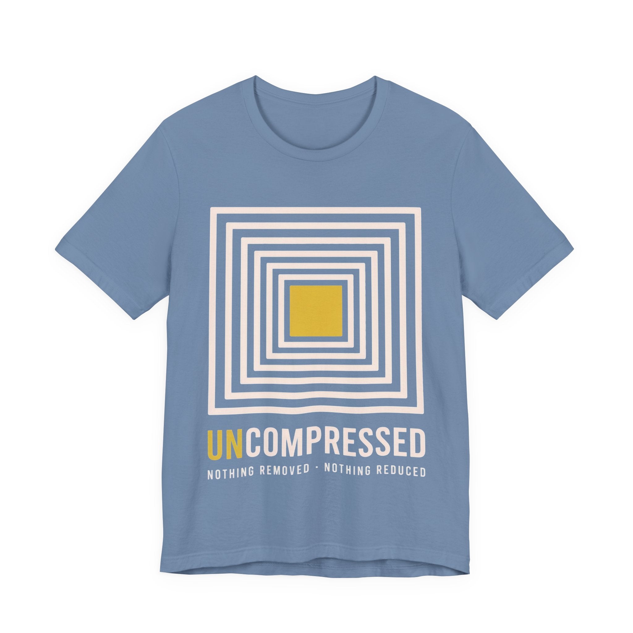 Blue t-shirt with geometric design and text on a white background