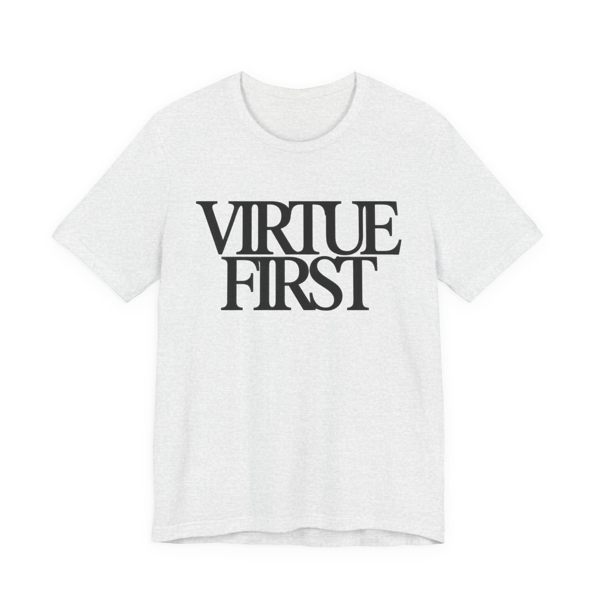 White t-shirt with 'Virtue First' text on a white background