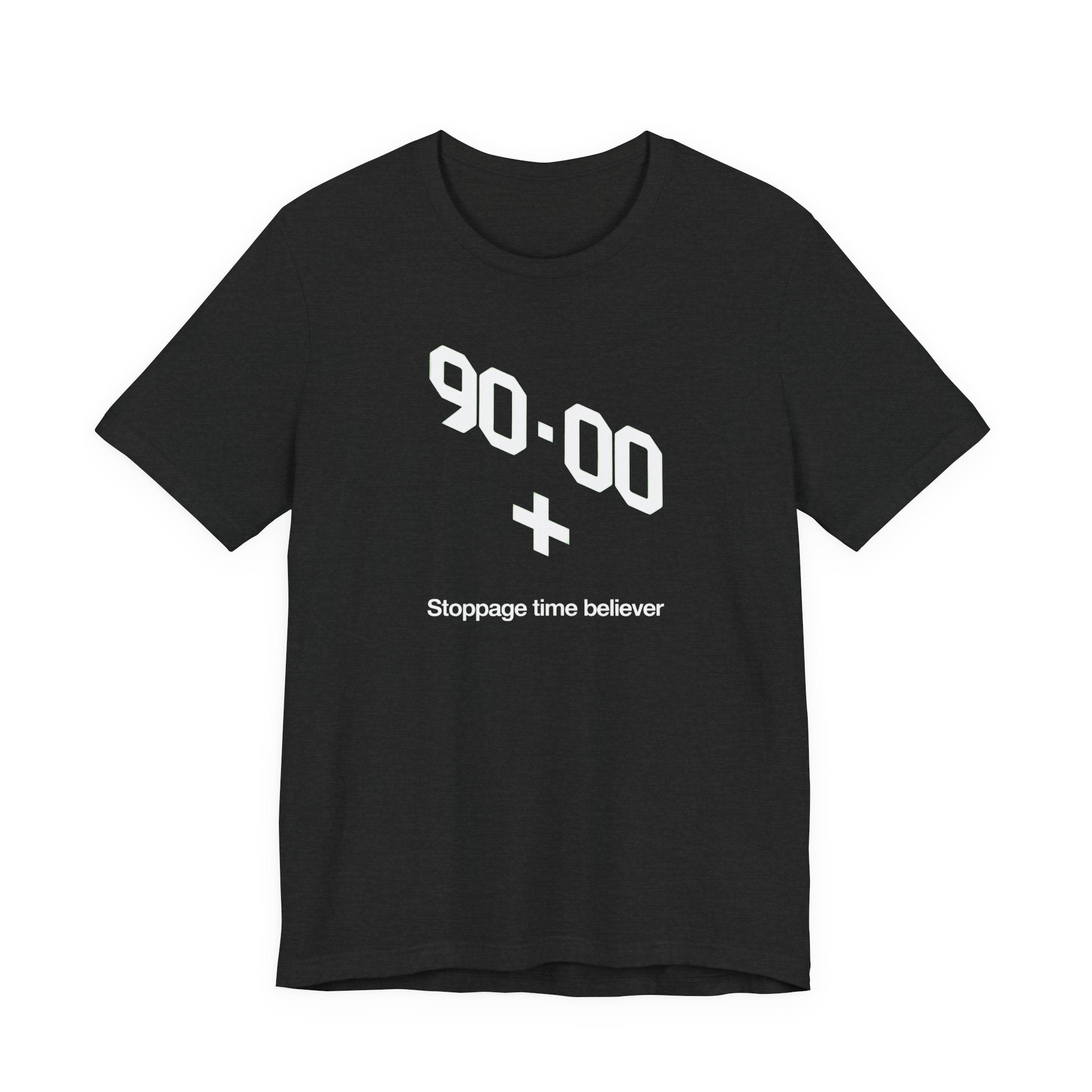 Black t-shirt with white text '90-00 + Stoppage time believer' on a white background