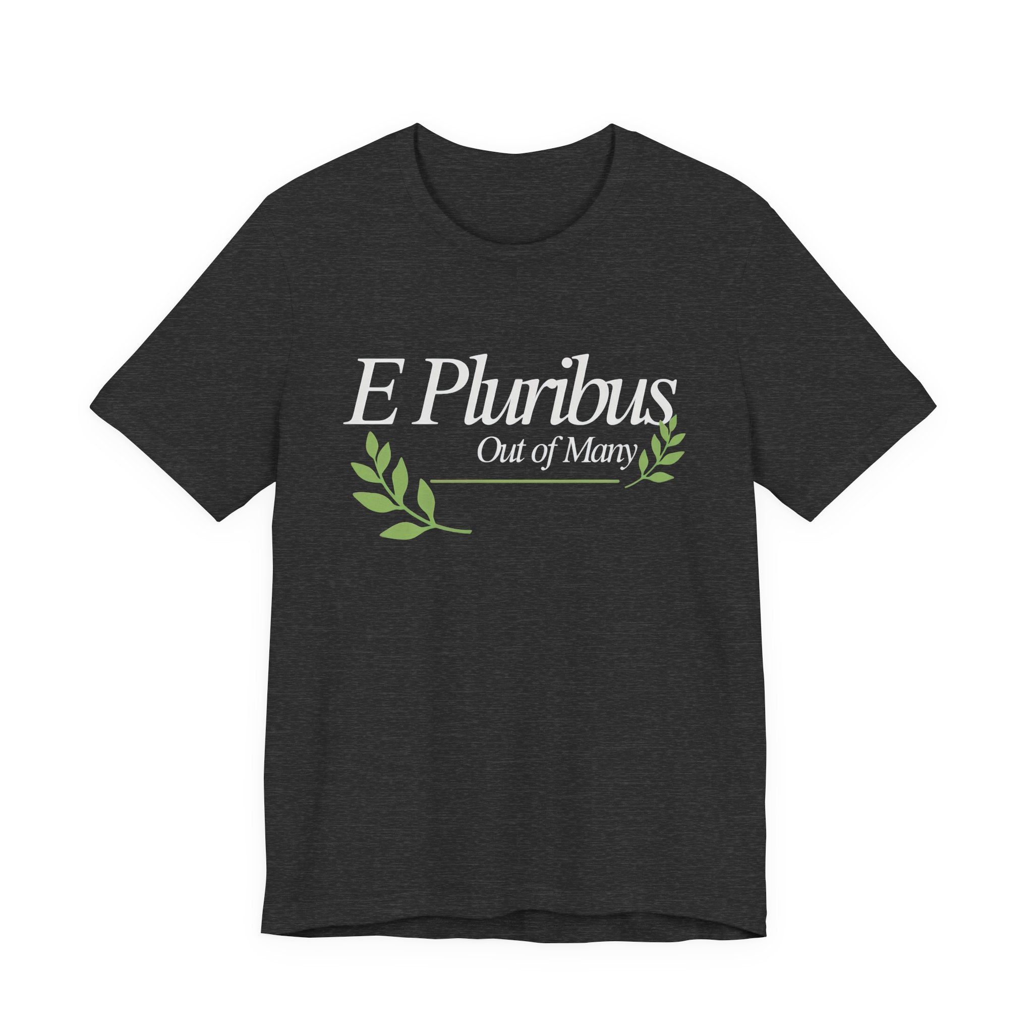 Black t-shirt with 'E Pluribus Out of Many' text and green leaves 