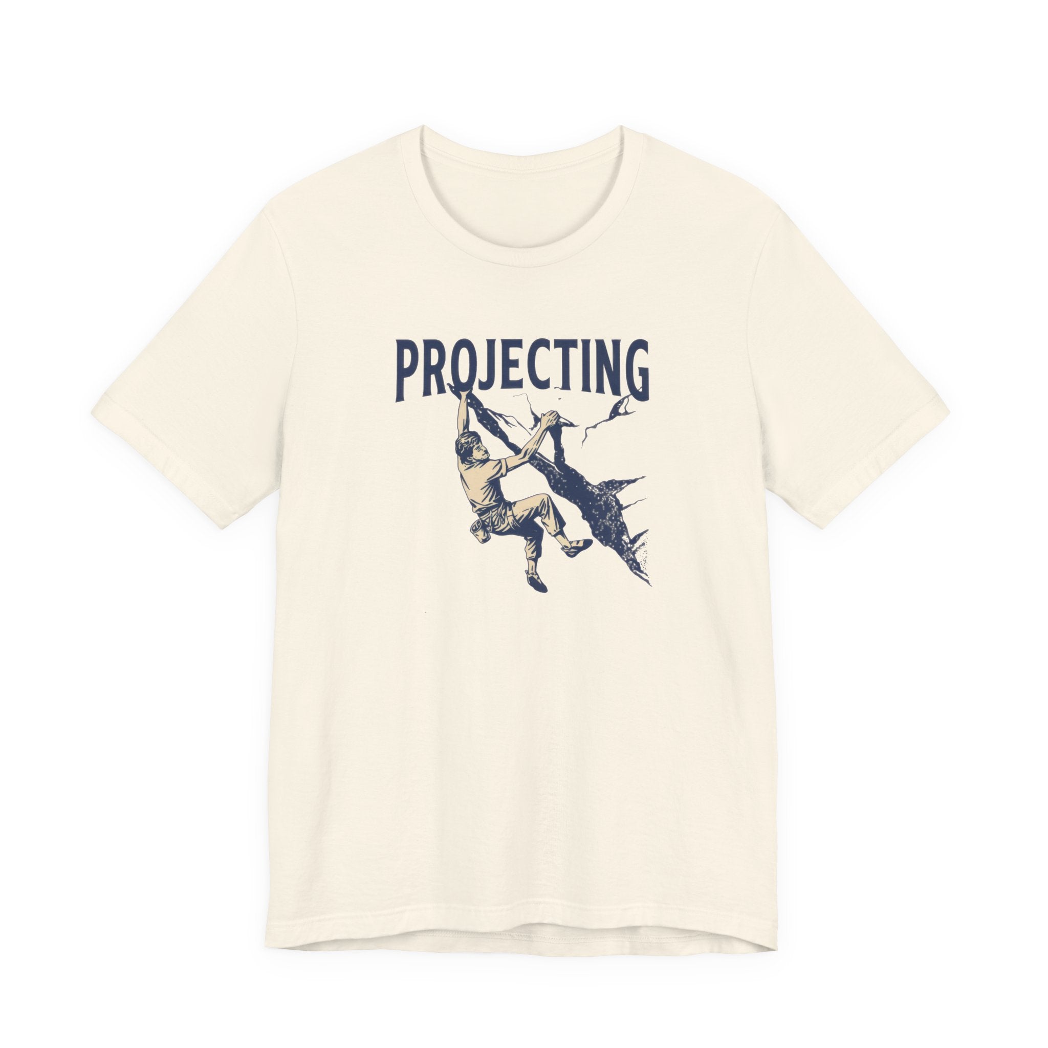 Beige t-shirt with graphic design and 'PROJECTING' text on a white background