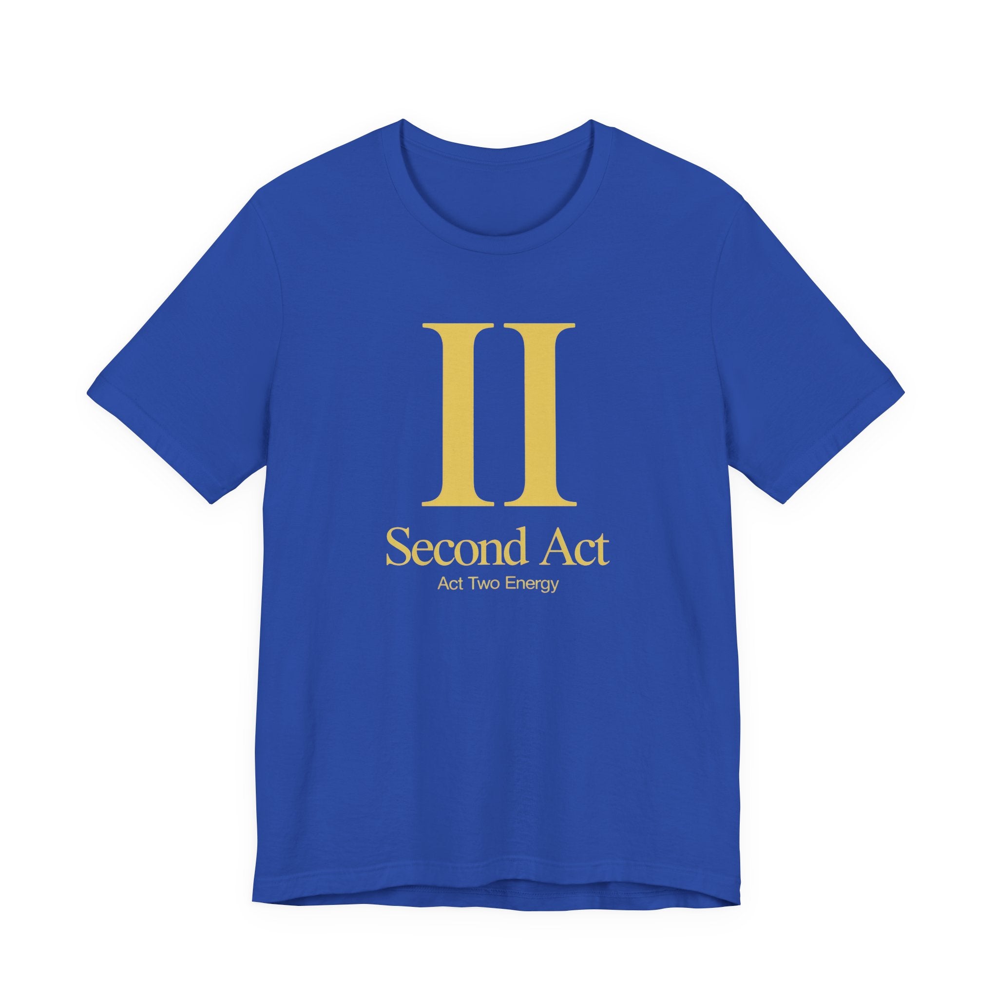 Blue t-shirt with gold 'Second Act' logo on a white background