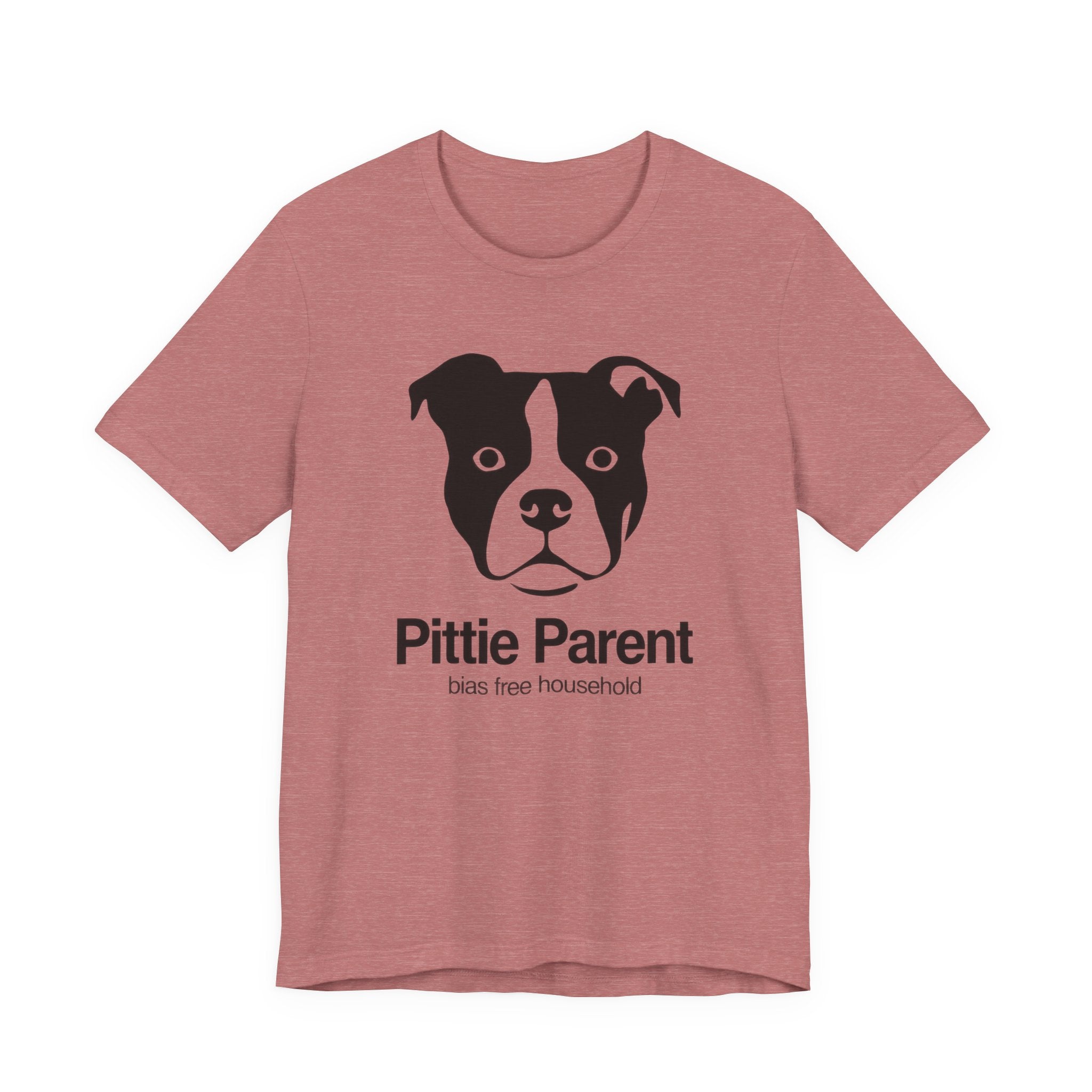 Mauve t-shirt with a black dog illustration and text 'Pittie Parent bias free household' text on a white background