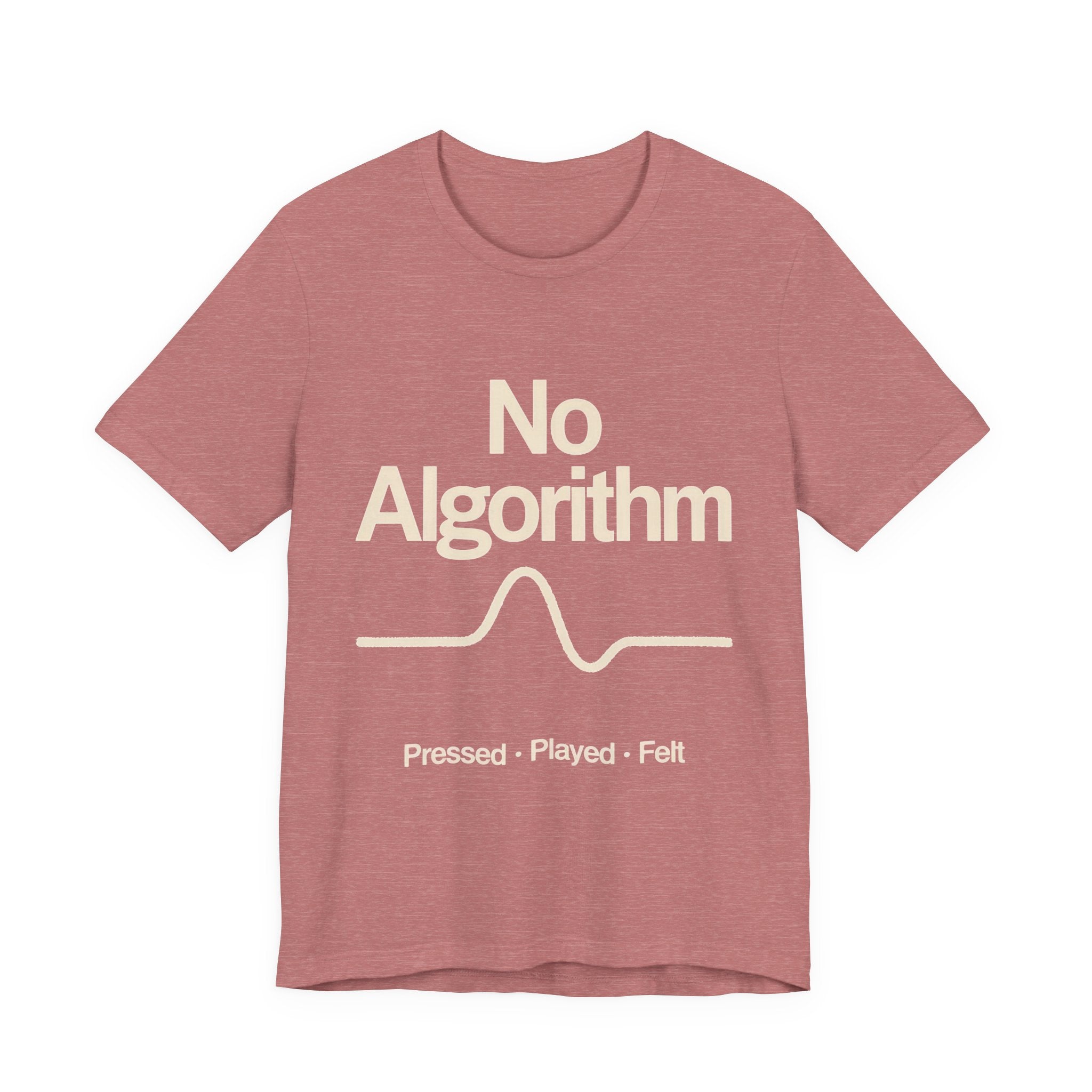 Red t-shirt with 'No Algorithm' text design on a white background