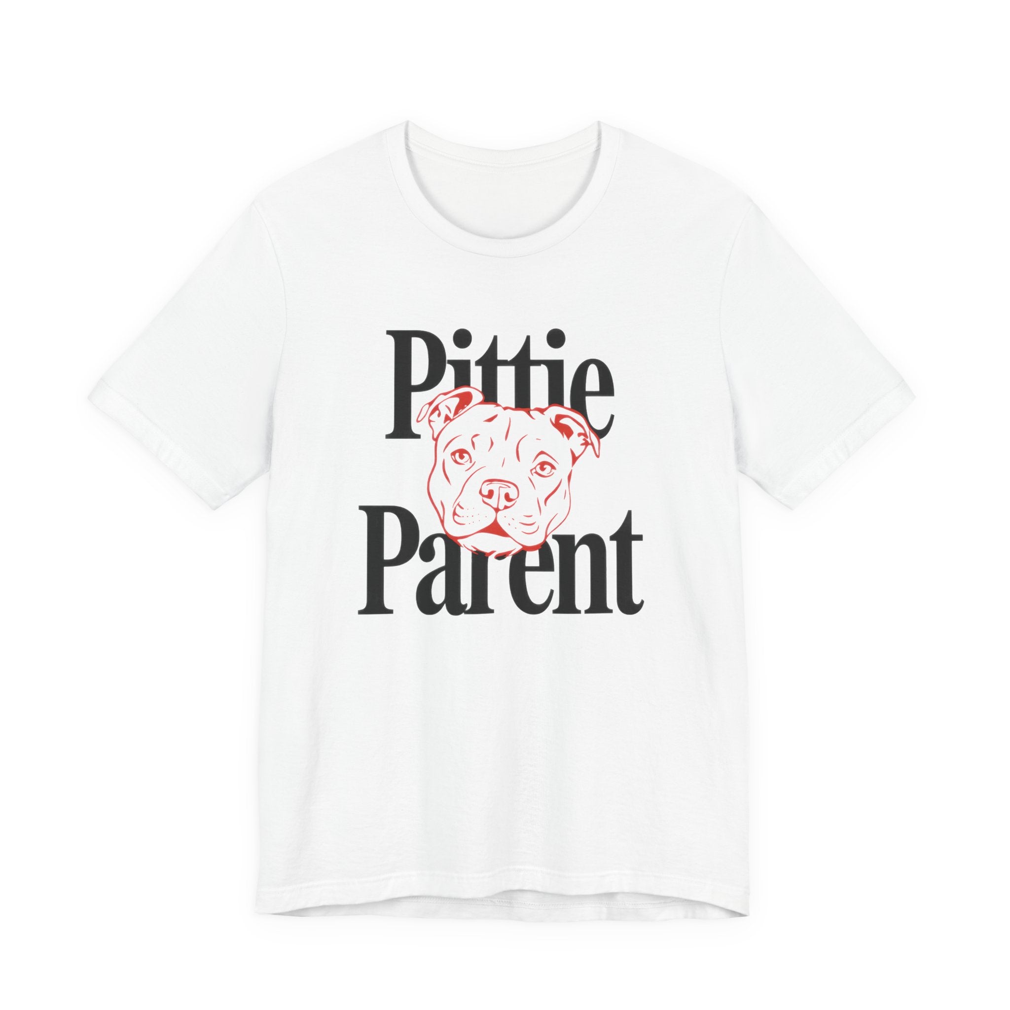 White t-shirt with 'Pittie Parent' text and a dog graphic on a white background