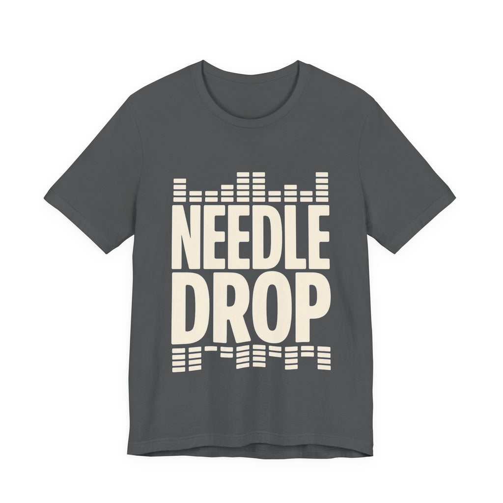 Gray t-shirt with 'Needle Drop' text design on a white background