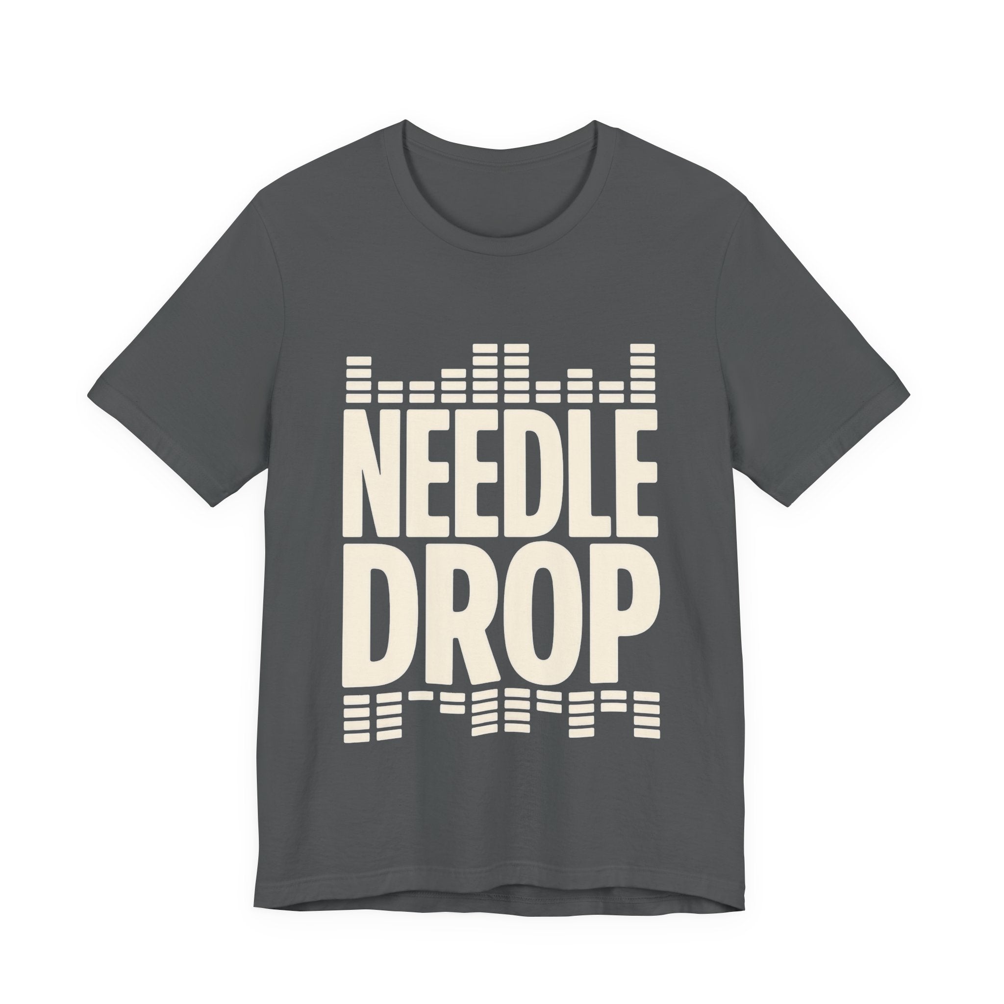 Gray t-shirt with 'Needle Drop' text design on a white background