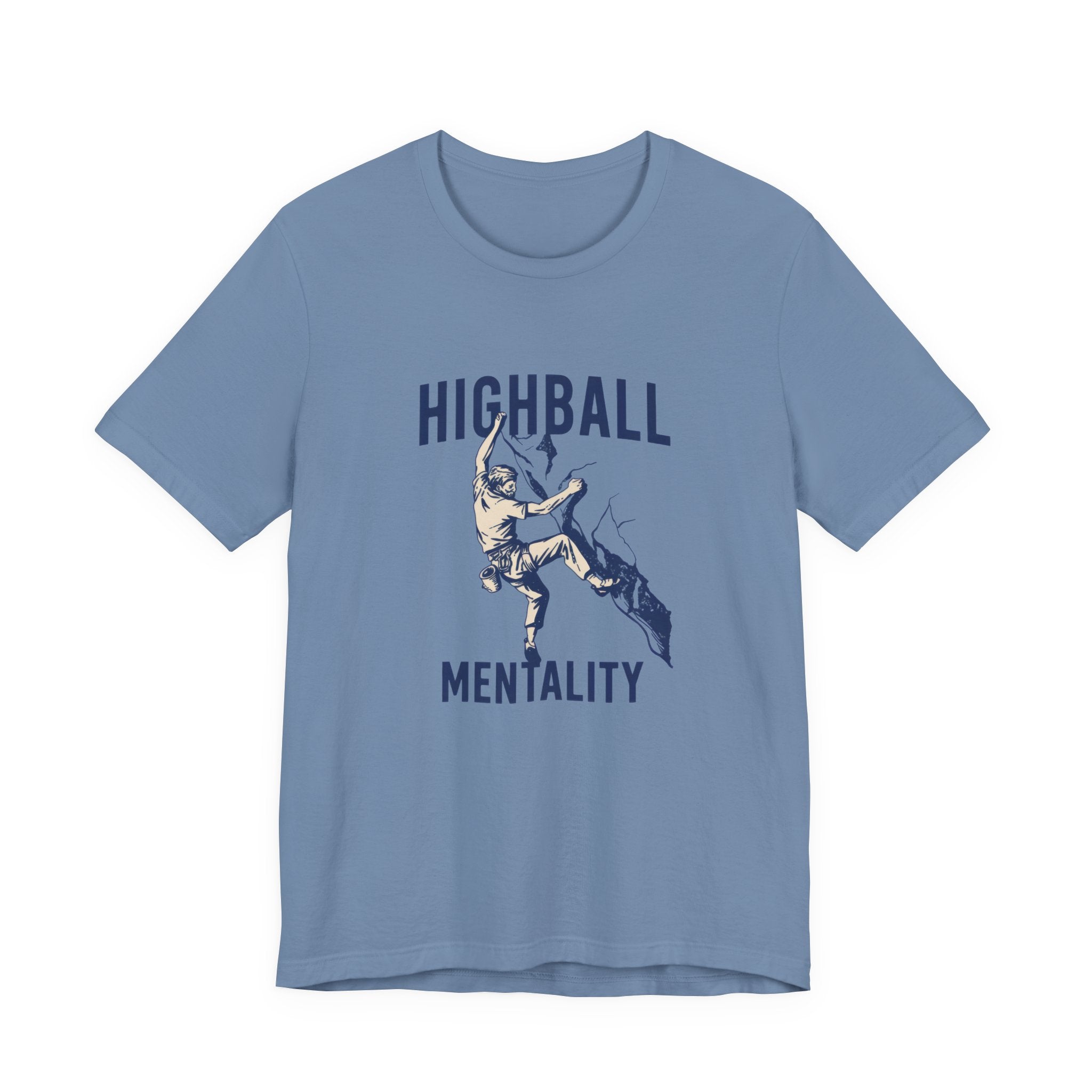 Blue t-shirt with graphic design and text on a white background