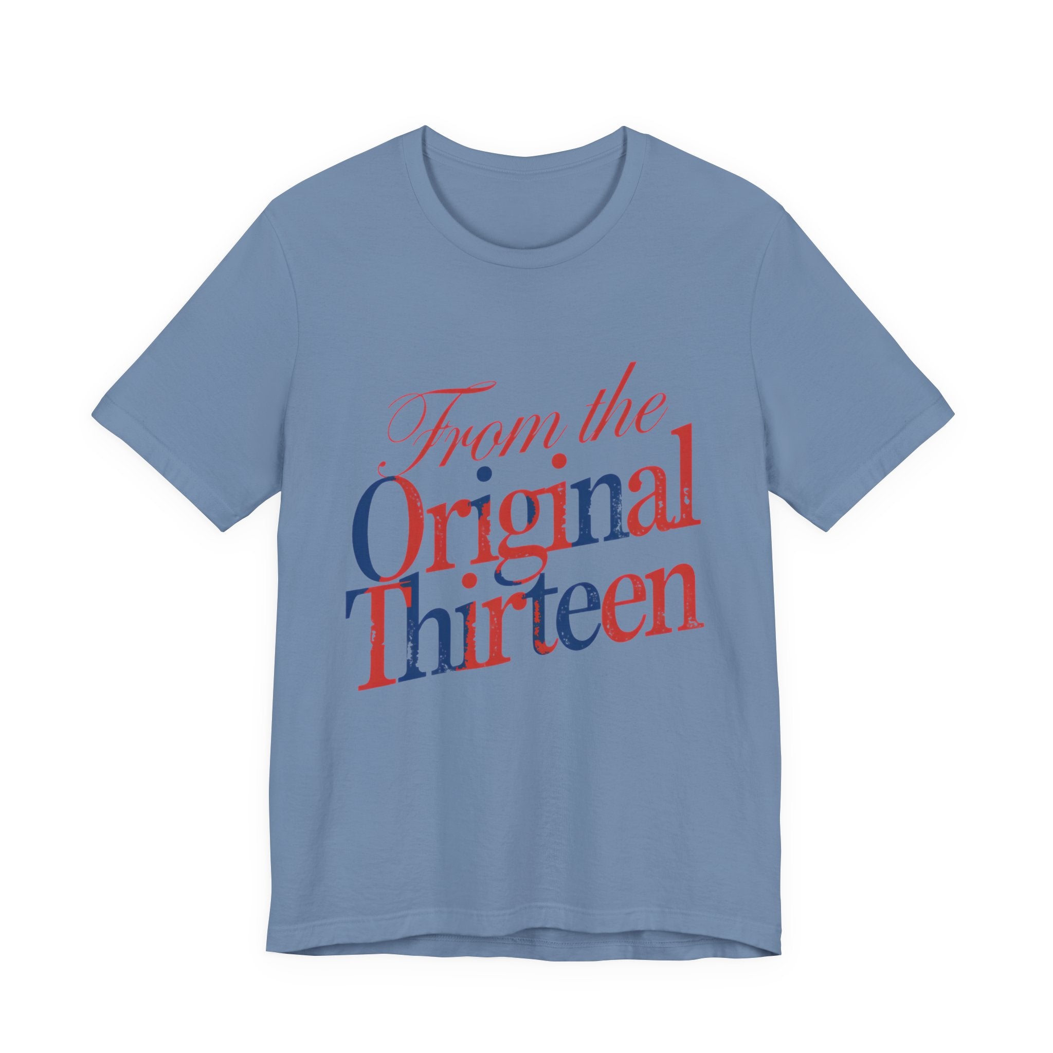 Blue t-shirt with 'From the Original Thirteen' text in red and blue 