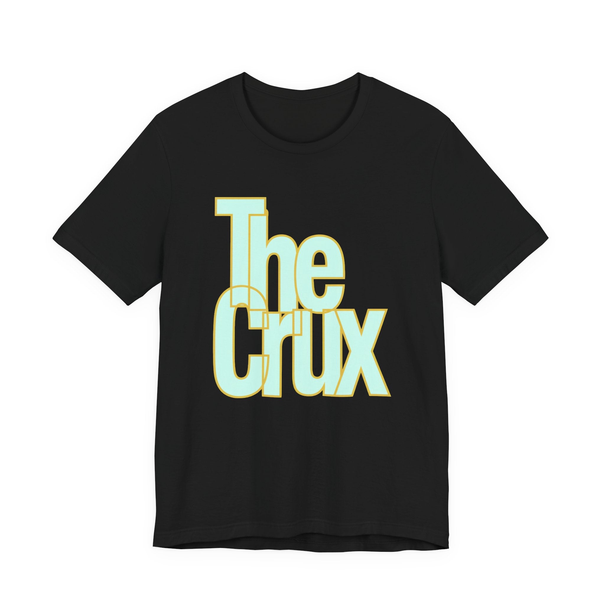 Black t-shirt with 'The Crux' text in yellow on a white background