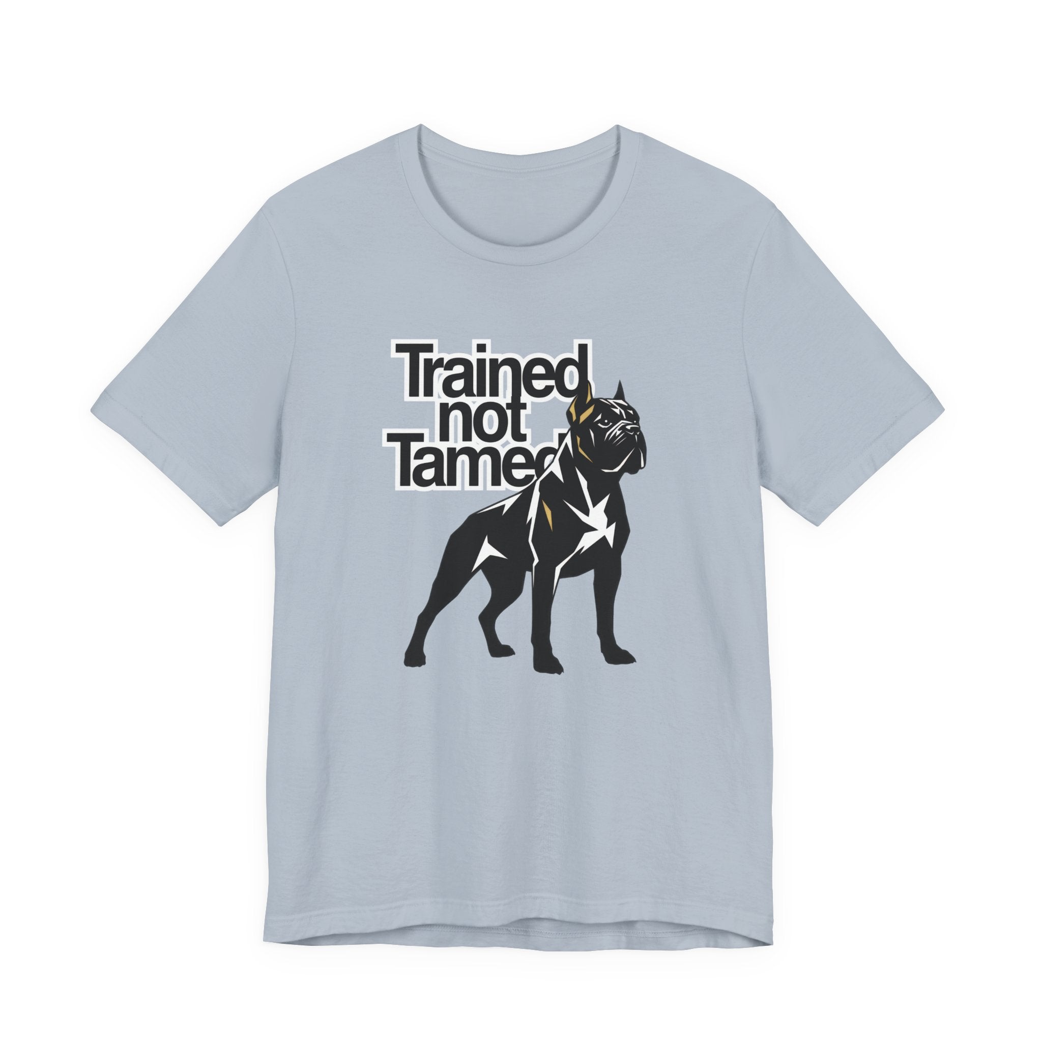 Light blue t-shirt with black dog graphic and 'Trained Not Tamed' text on a white background
