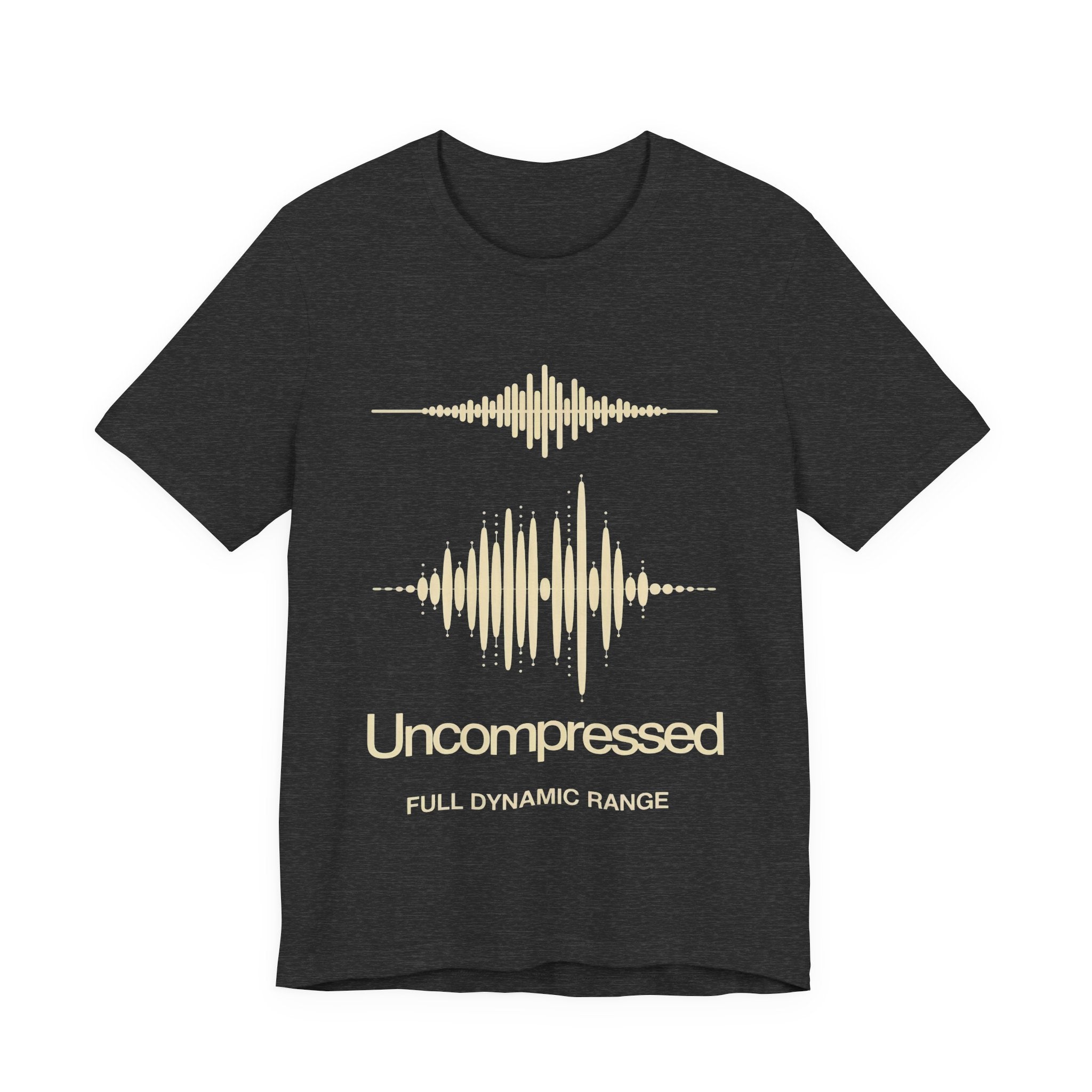 Dark gray t-shirt with beige sound wave design and 'Uncompressed Full Dynamic Range' text.