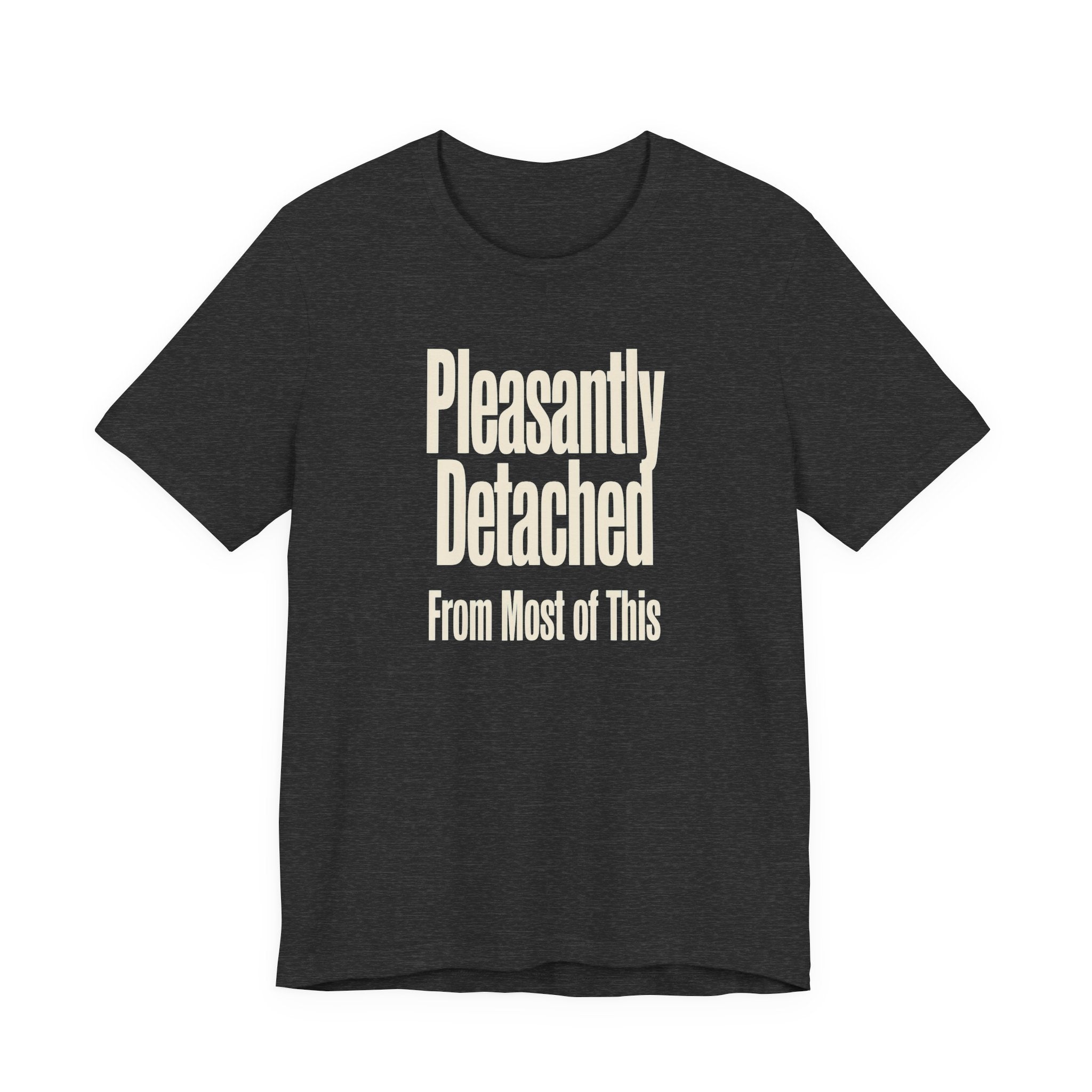 Dark gray t-shirt with 'Pleasantly Detached From Most of This' text on a white background