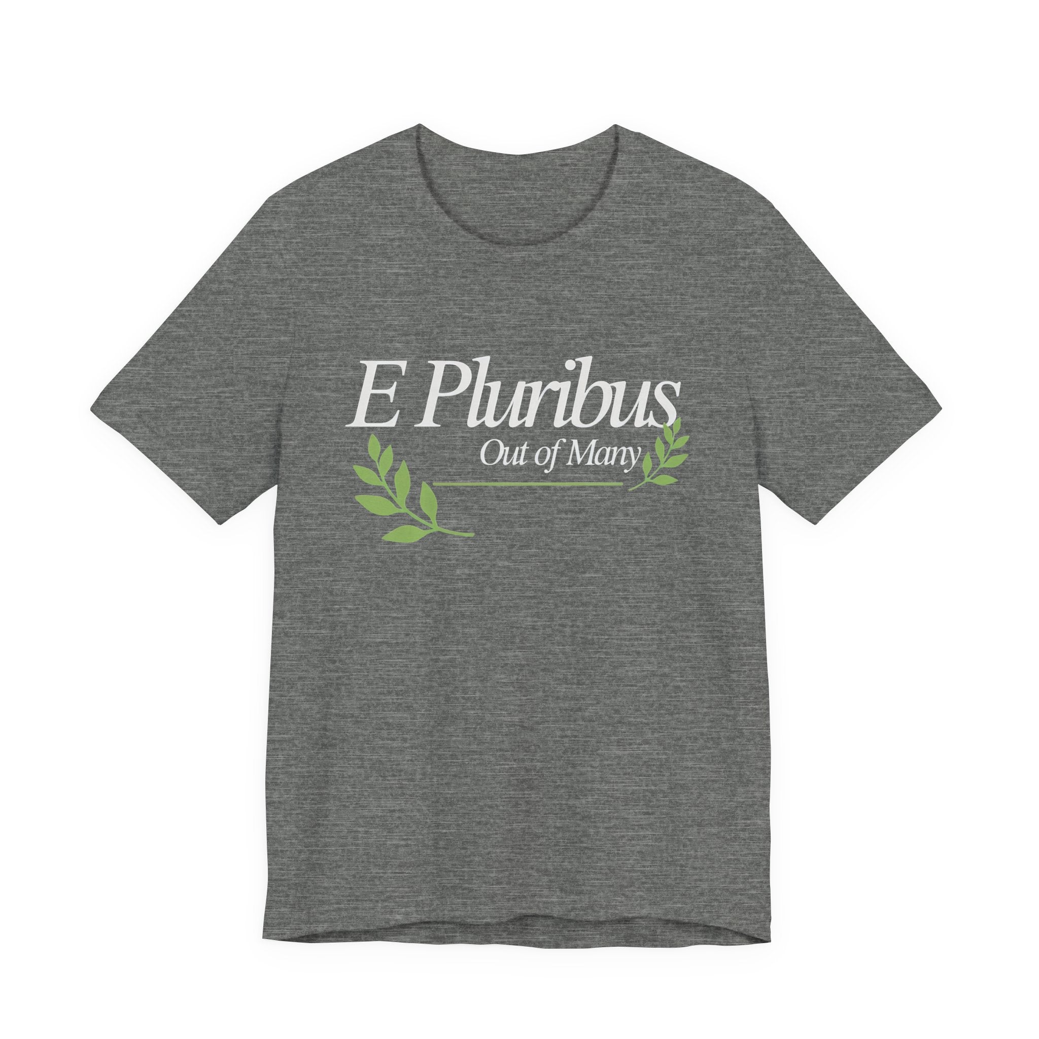 Gray t-shirt with 'E Pluribus Out of Many' text and green leaves 