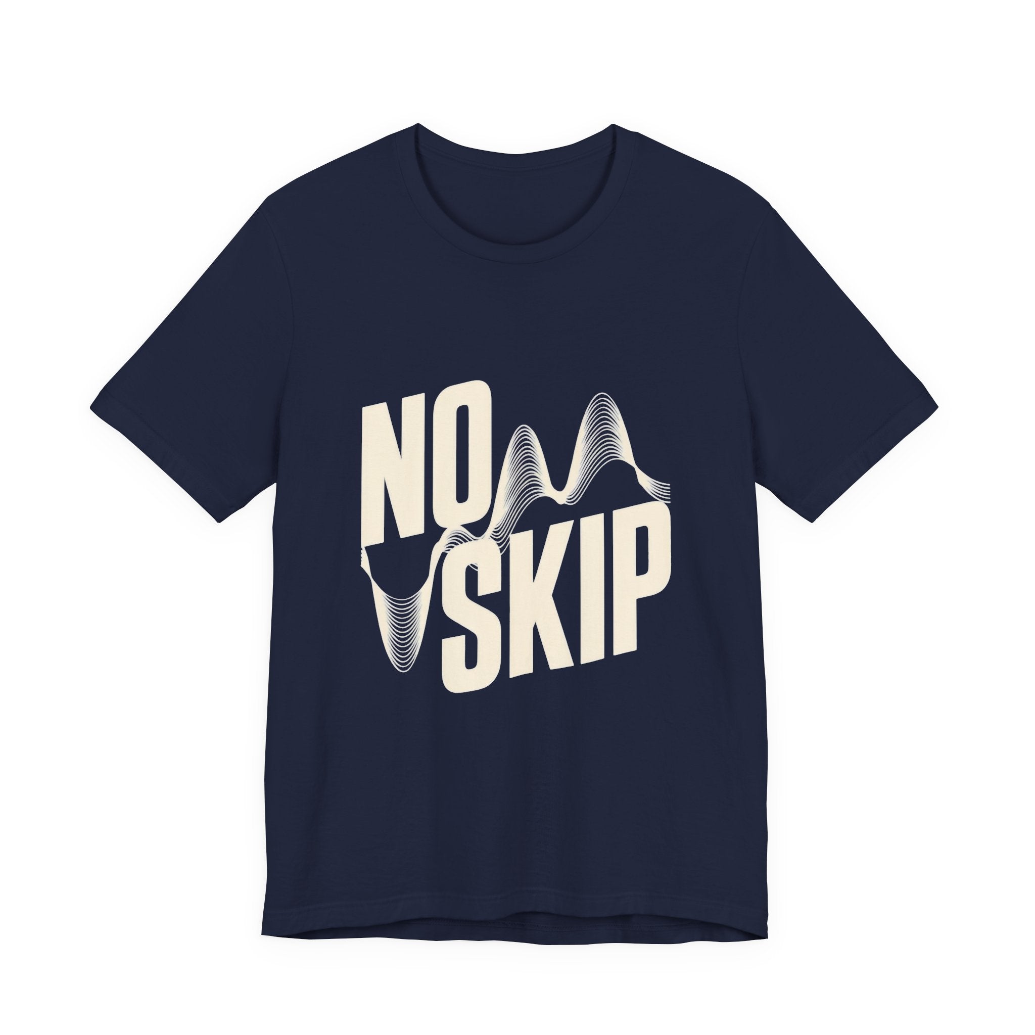 Navy t-shirt with 'NO SKIP' text design on a white background