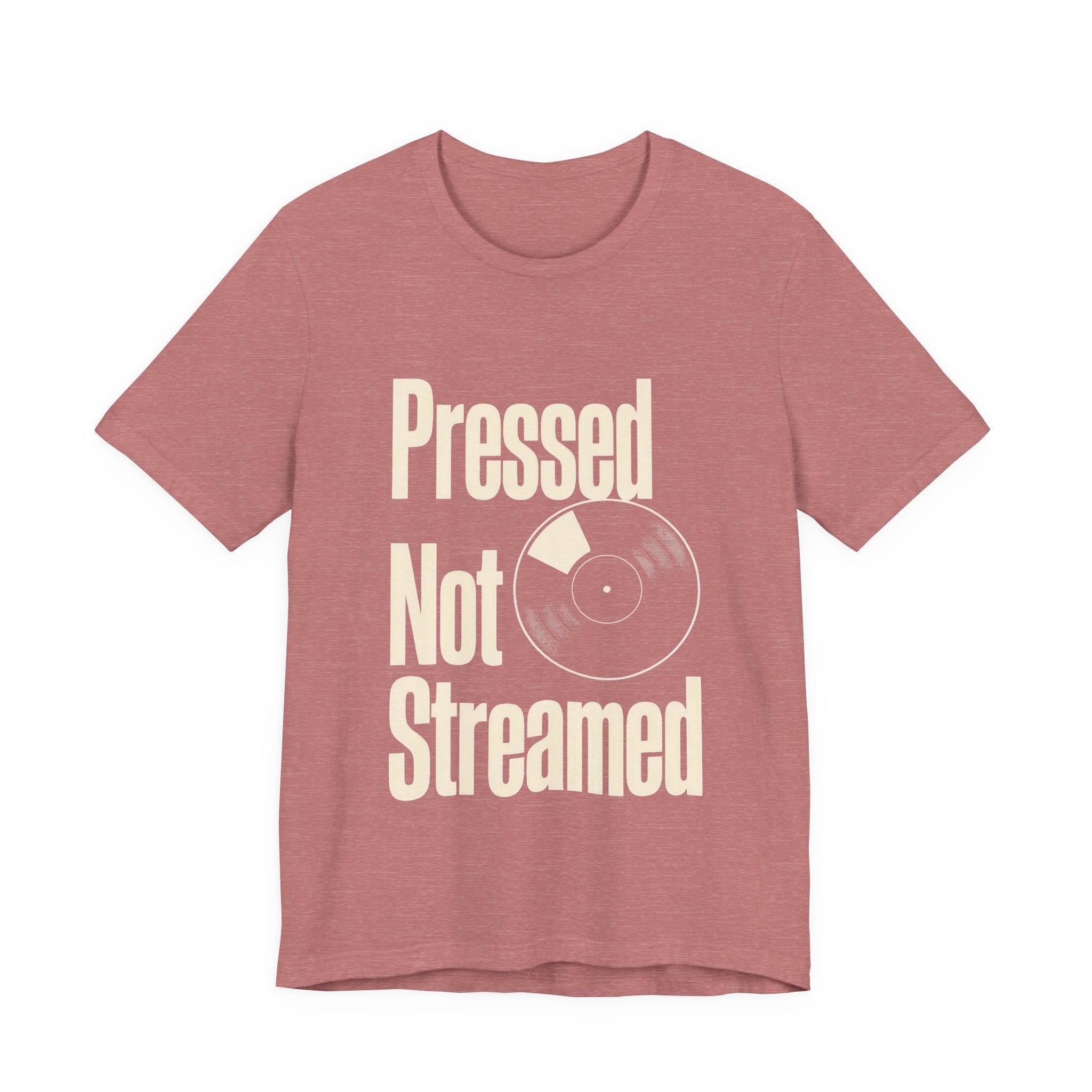 Red t-shirt with 'Pressed Not Streamed' text and vinyl record graphic on a white background