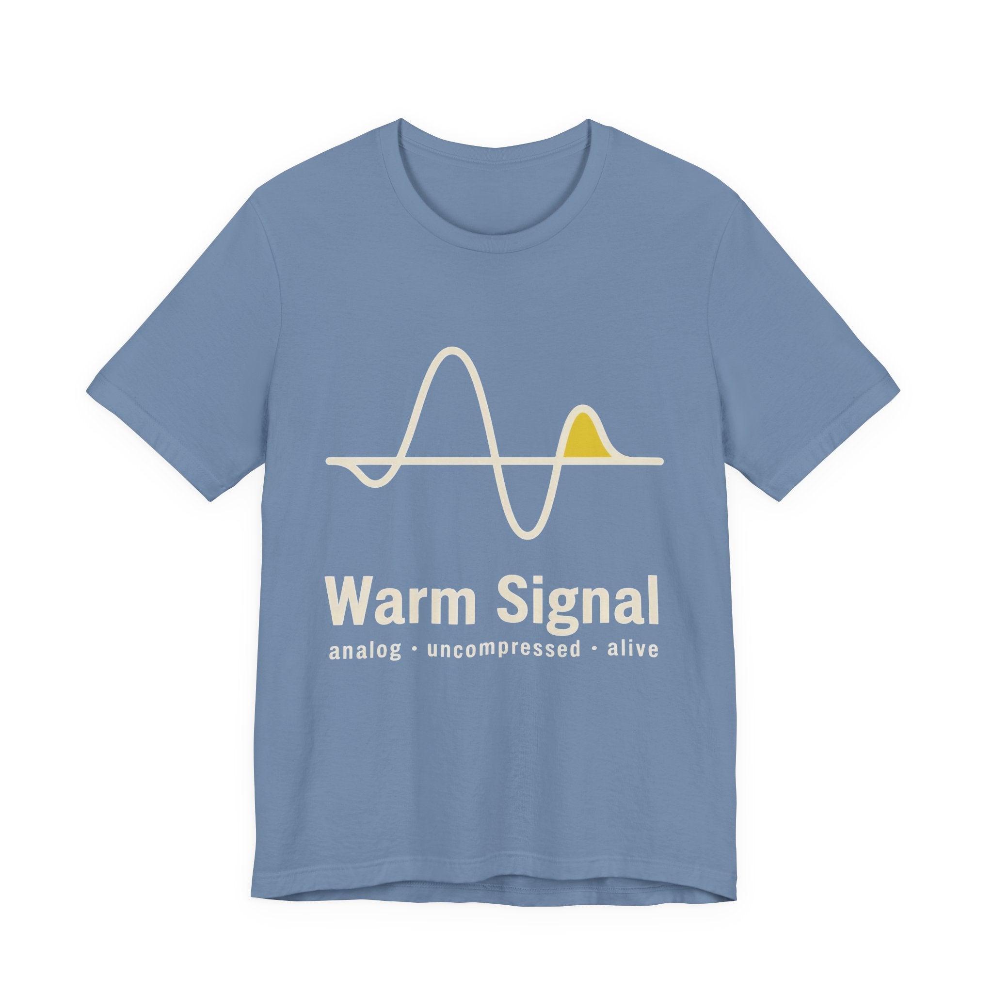 Light blue t-shirt with a wave design and 'Warm Signal' text on a white background