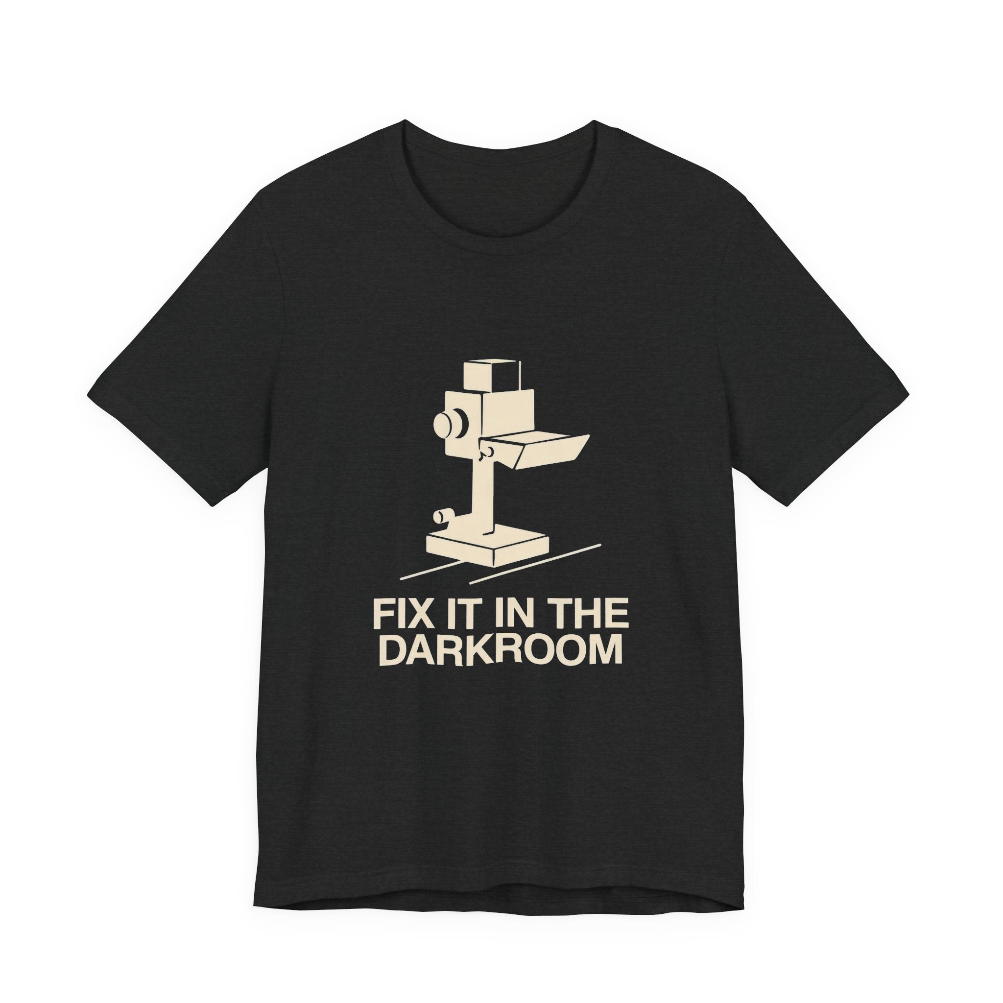 Black t-shirt with a graphic of a darkroom camera and text 'Fix It In The Darkroom' on a white background