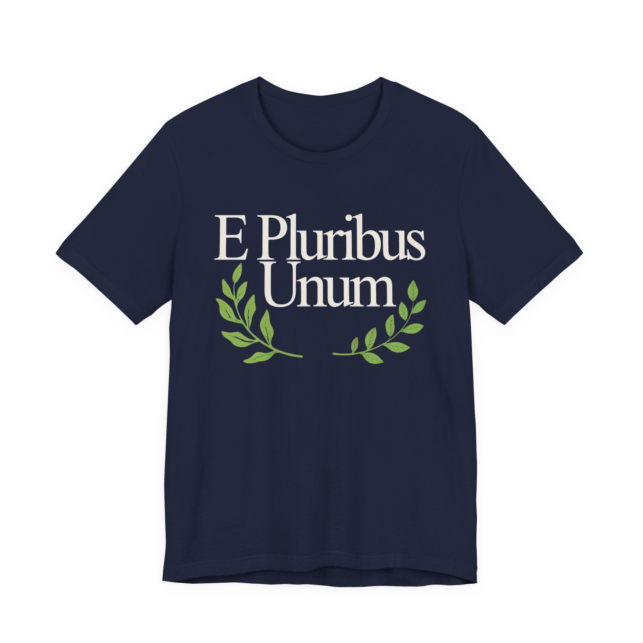 Navy blue t-shirt with 'E Pluribus Unum' text and green laurel leaves 