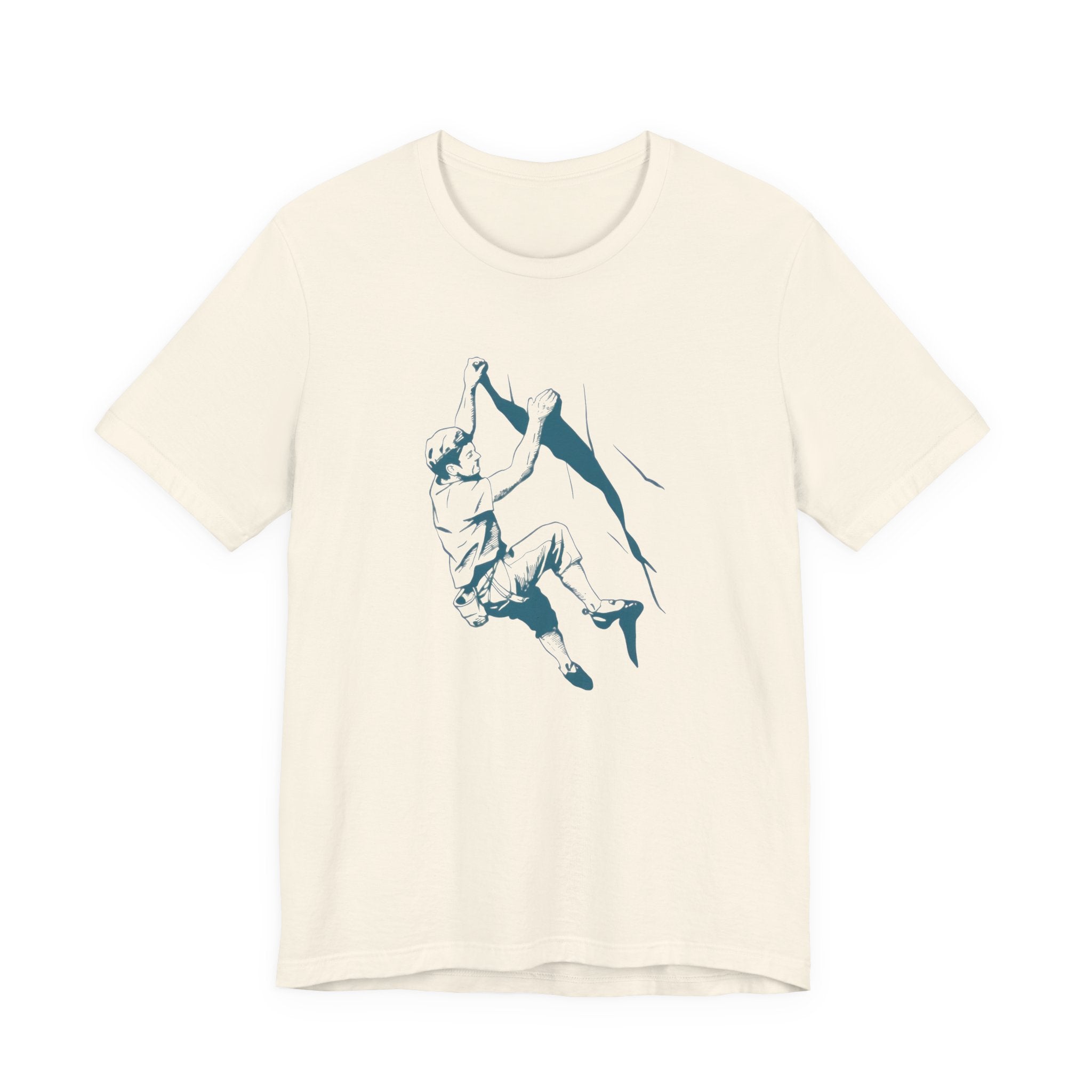 Beige t-shirt with a blue climbing graphic design on a white background