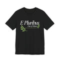 Black t-shirt with 'E Pluribus Out of Many' text and green leaves 
