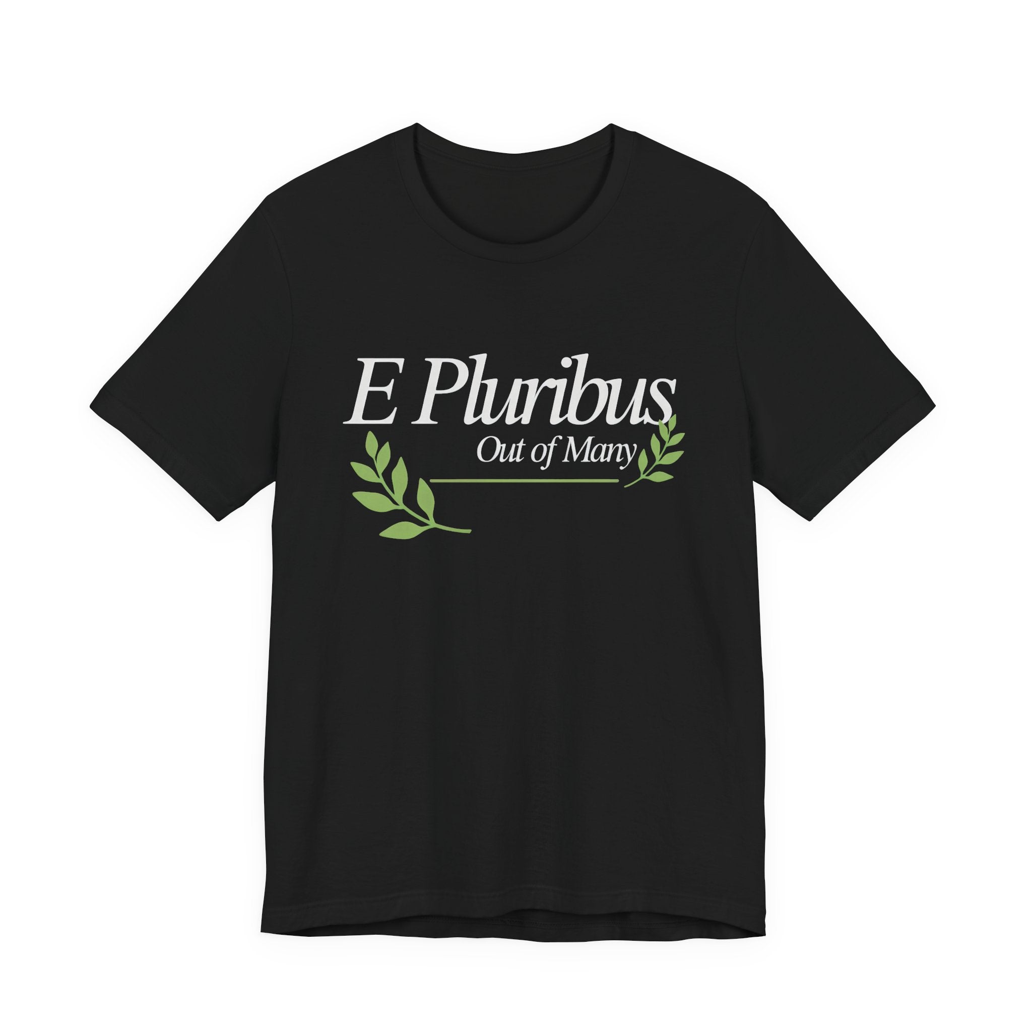 Black t-shirt with 'E Pluribus Out of Many' text and green leaves 