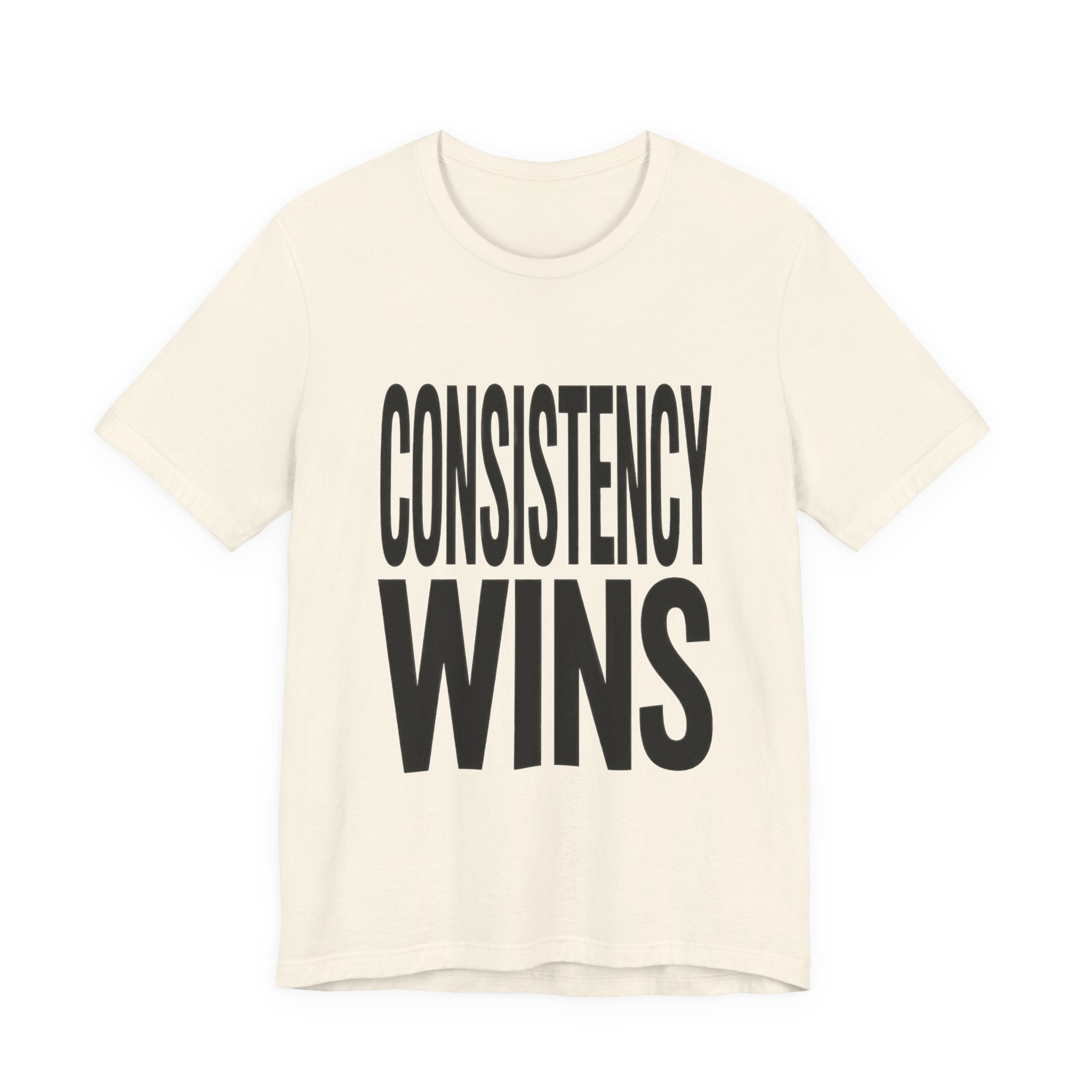 Beige t-shirt with 'CONSISTENCY WINS' text on a white background