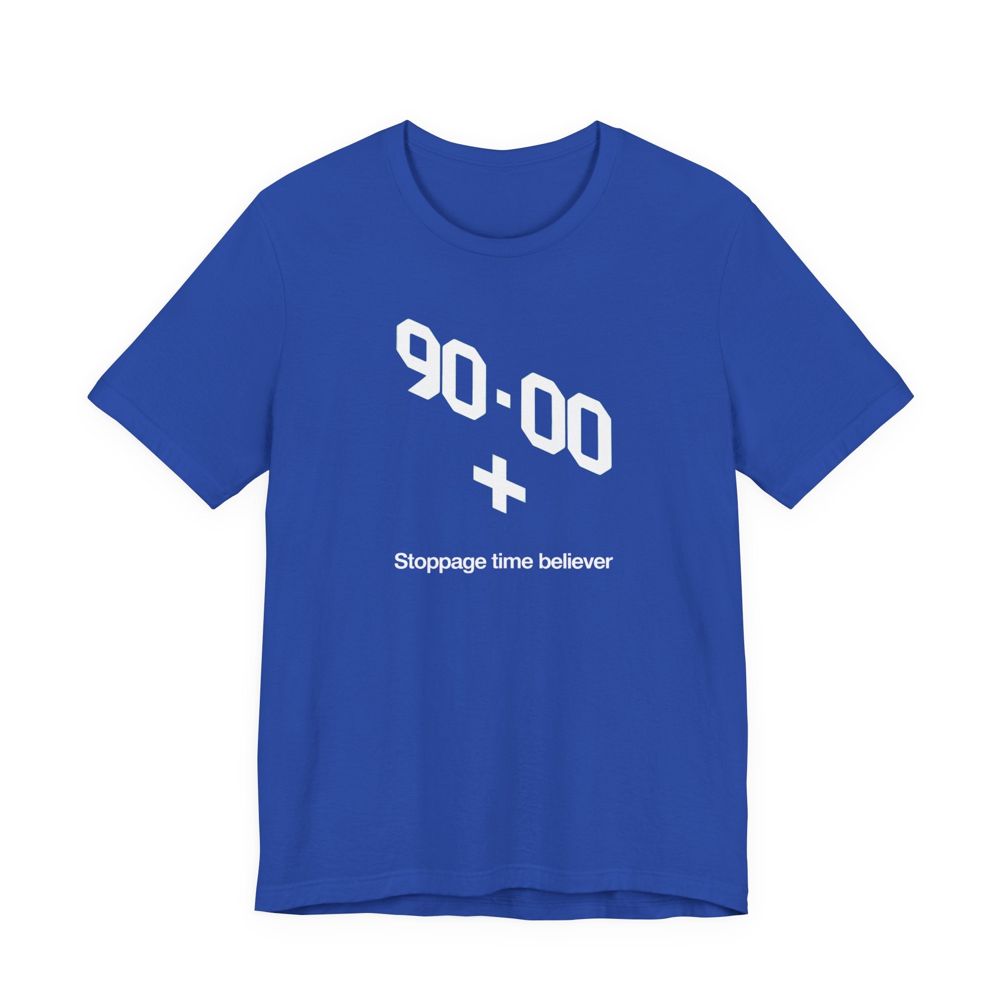 Blue t-shirt with white text '90-00 + Stoppage time believer' on a white background