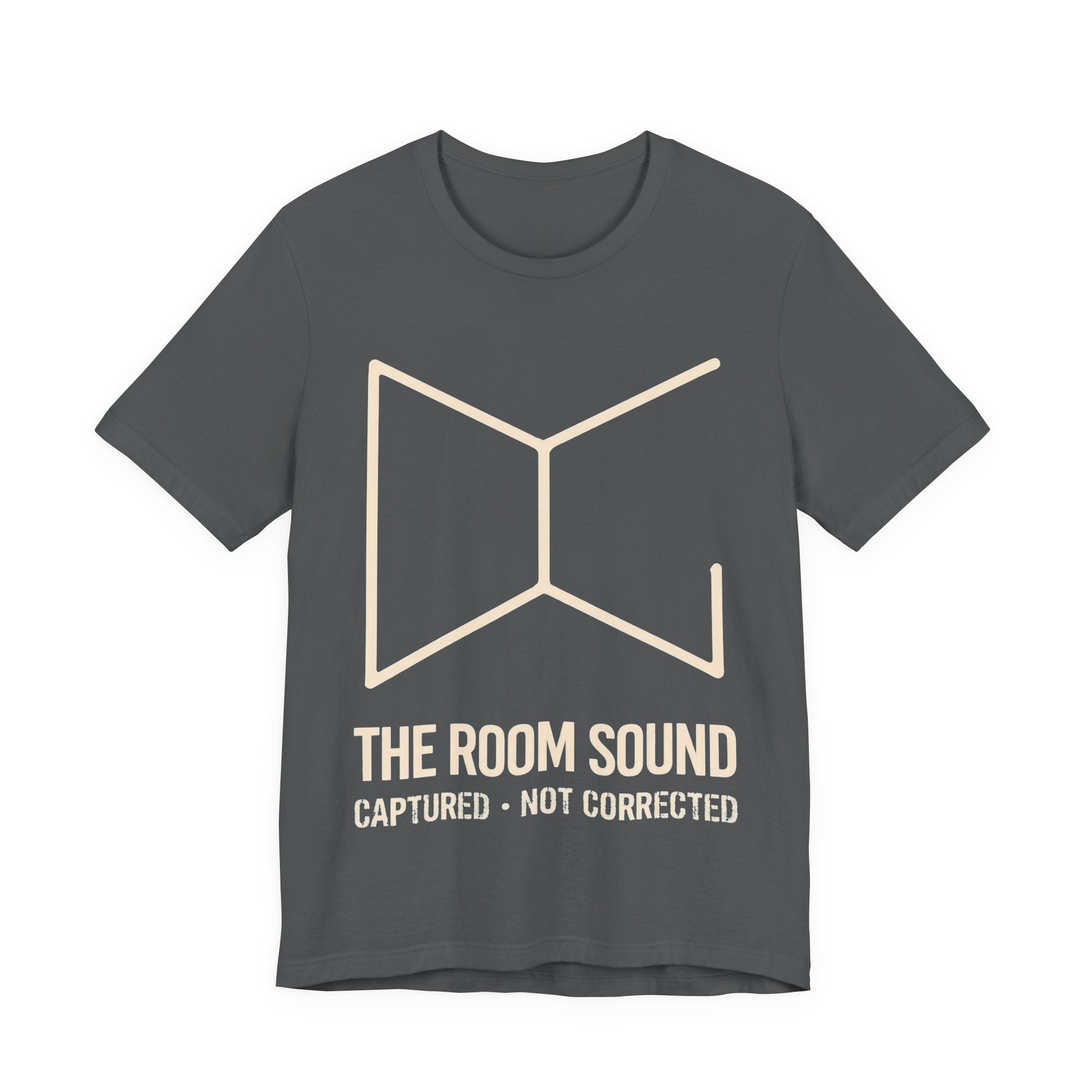 Gray t-shirt with 'The Room Sound' logo and text on a white background