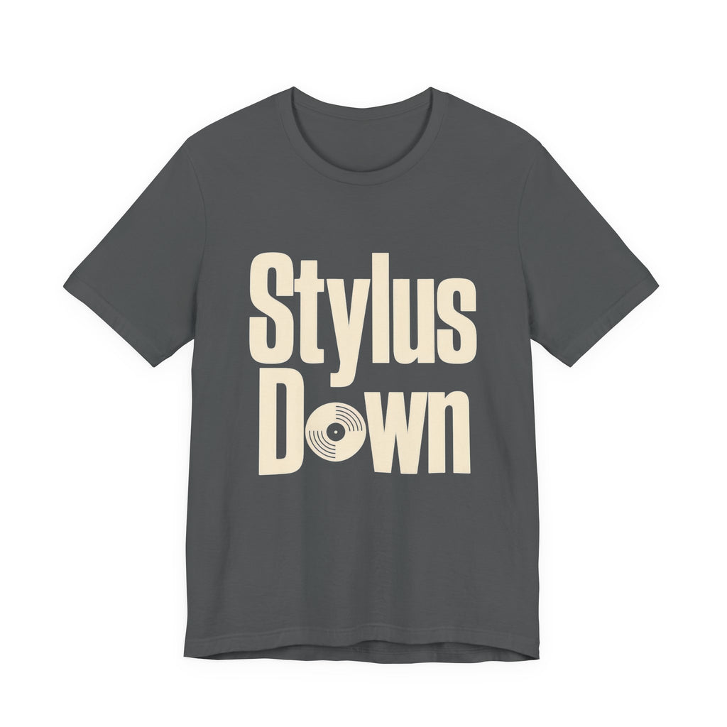 Gray t-shirt with 'Stylus Down' text on a white background