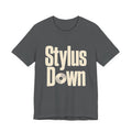 Gray t-shirt with 'Stylus Down' text on a white background