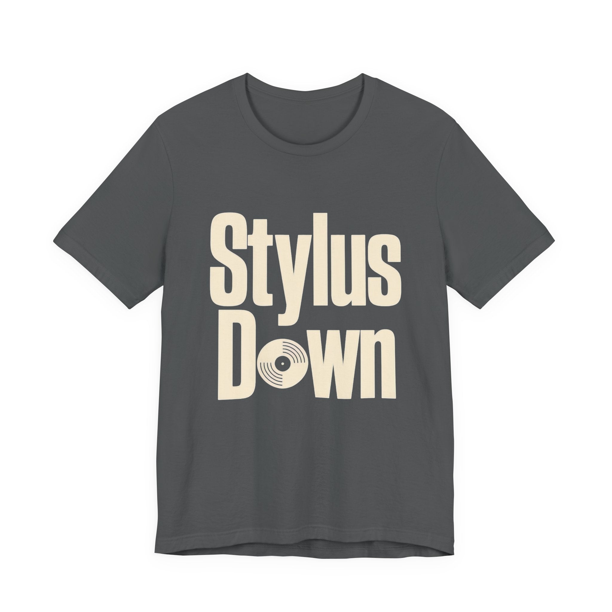 Gray t-shirt with 'Stylus Down' text on a white background