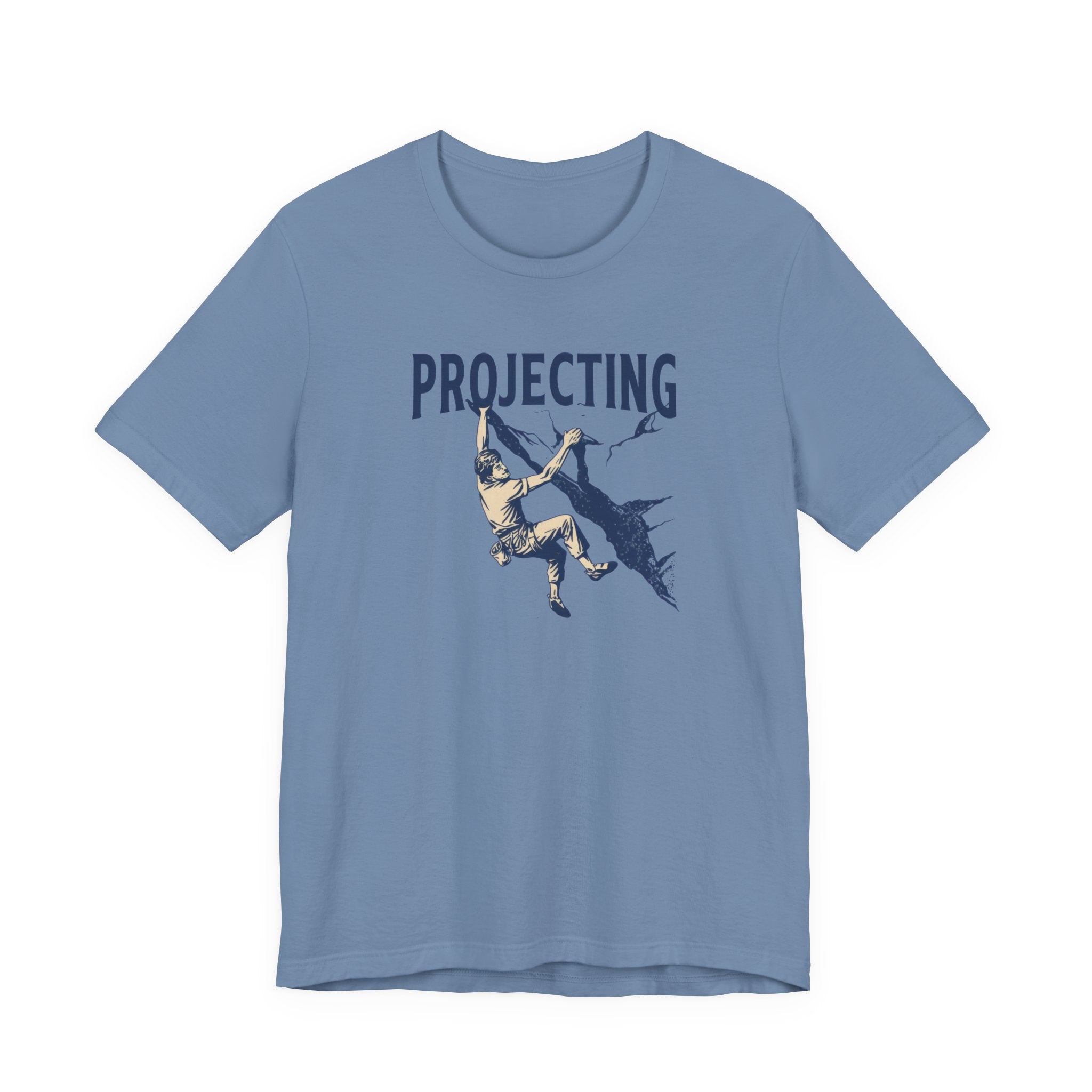 Blue t-shirt with graphic design and 'PROJECTING' text on a white background