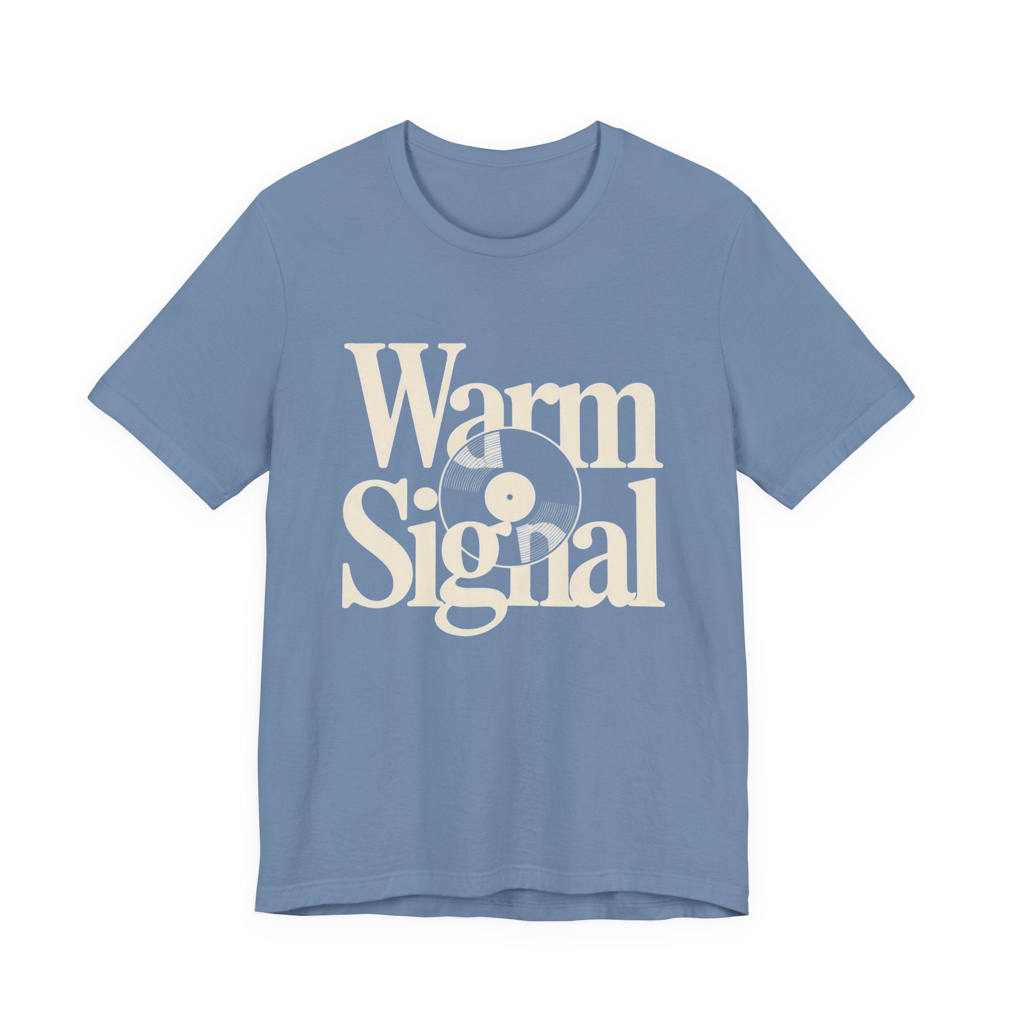 Blue t-shirt with 'Warm Signal' text on a white background