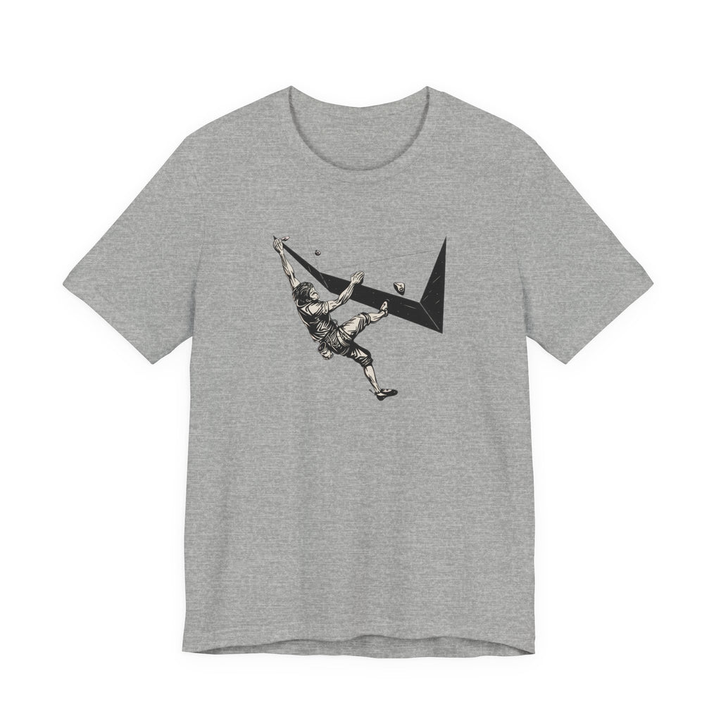 Gray t-shirt with black and white climbing graphic design on a white background